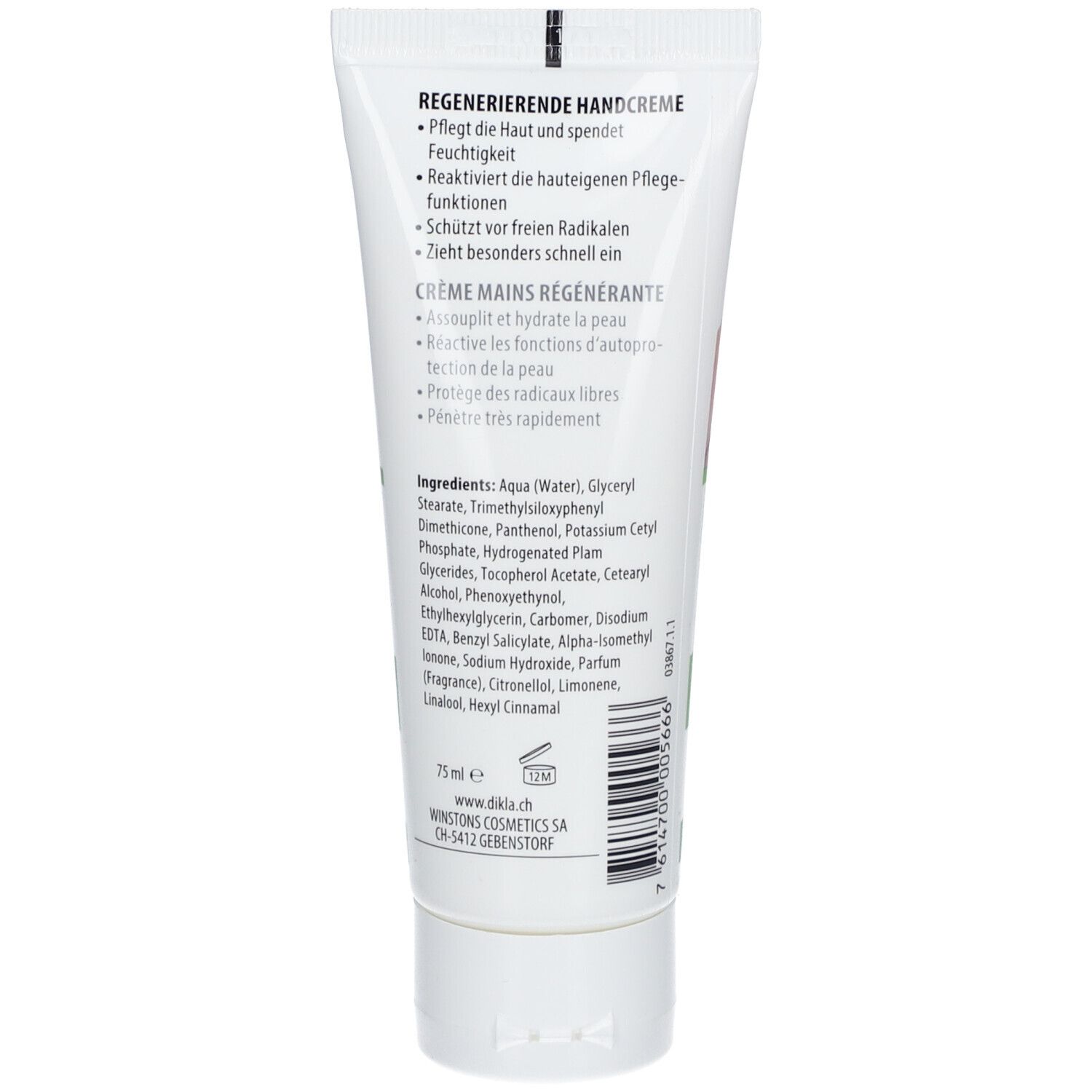 Rückseite einer weißen Tube. Text: Regenerierende Handcreme, Inhaltsstoffe, Herstellerinformationen.