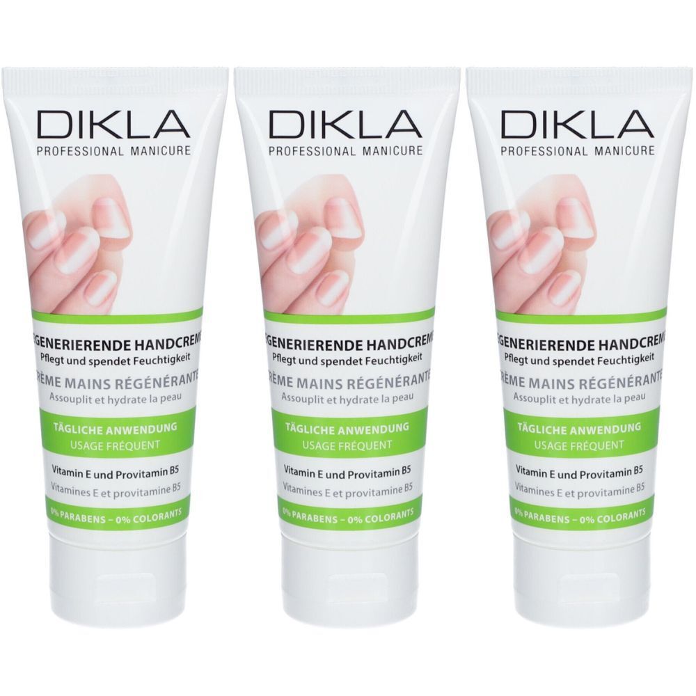 Drei weiße Tuben nebeneinander. Produktname und Abbildung einer Hand. Text: Regenerierende Handcreme, tägliche Anwendung.