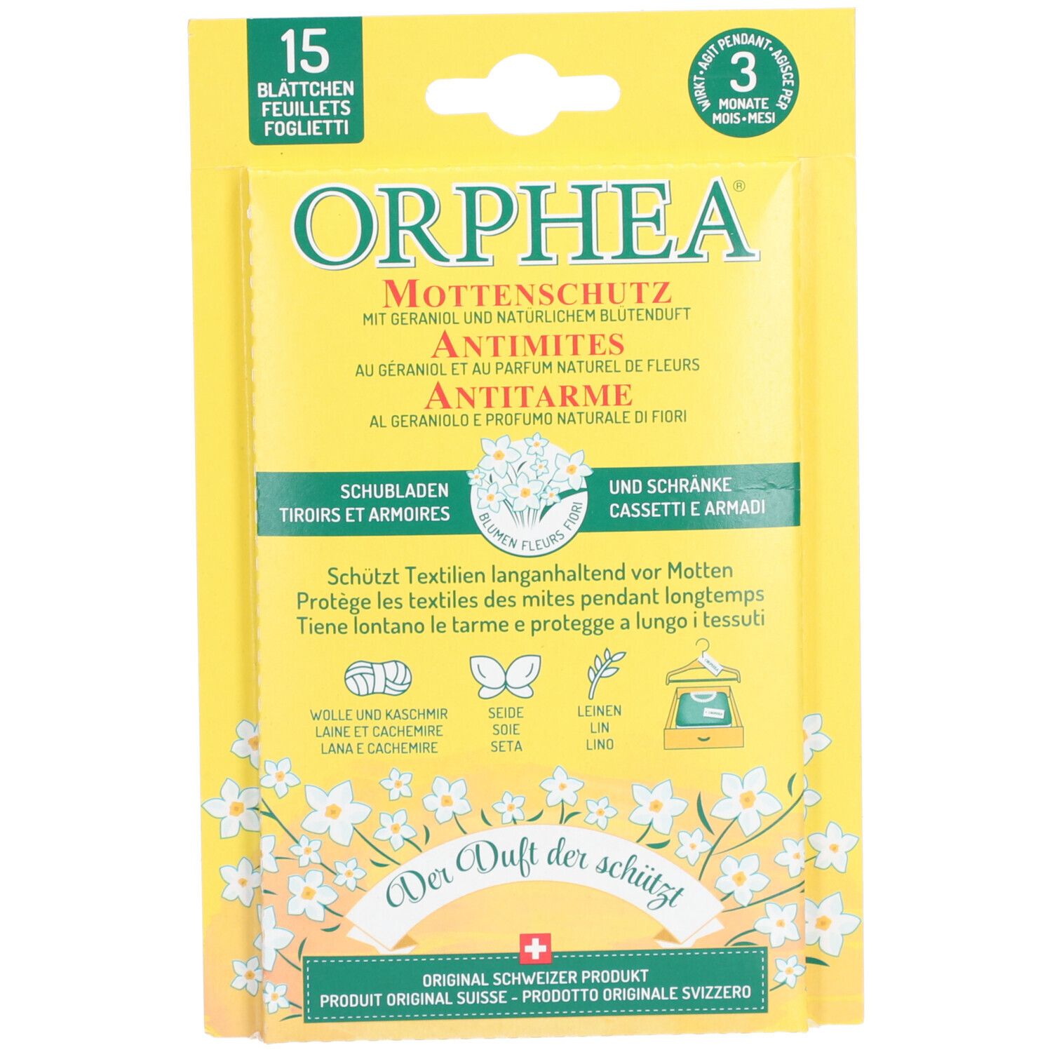 Emballage jaune avec nom du produit et motifs floraux. Texte : Anti-mites, 15 feuilles. Produit suisse.