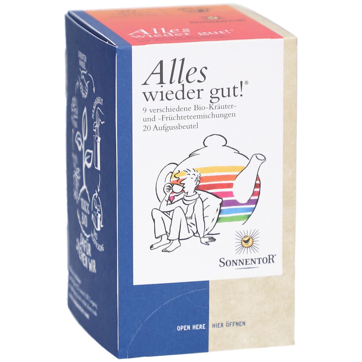 Vorderseite der Teebox. Aufschrift: Alles wieder gut! 9 Kräuter- und Früchteteemischungen. SonnentoR Logo. Bio-Siegel.