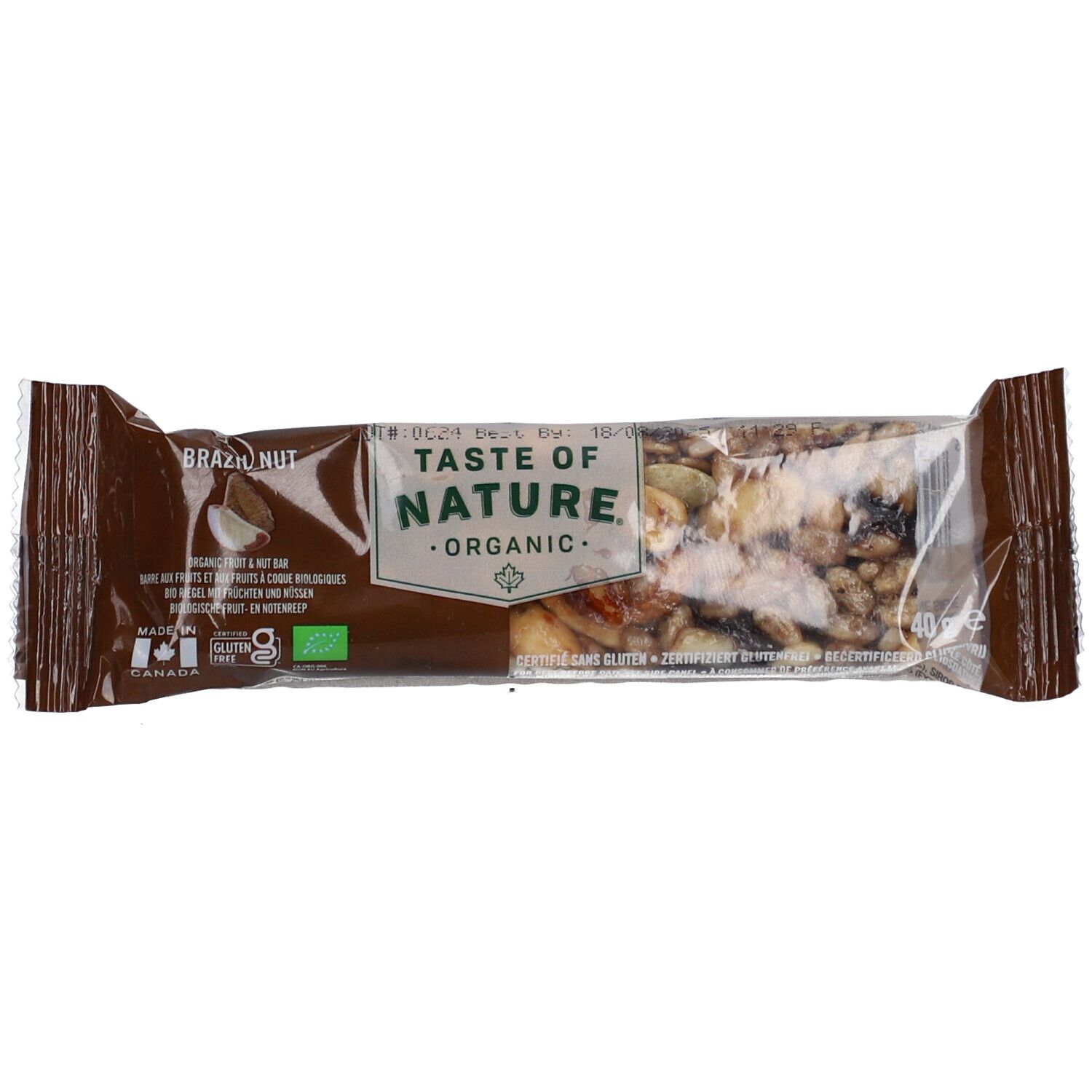 Transparente Verpackung mit Müsliriegel. Aufdruck: Taste of Nature Organic, Brazil Nut. Mit Bio-Siegel und Glutenfrei-Hinweis.
