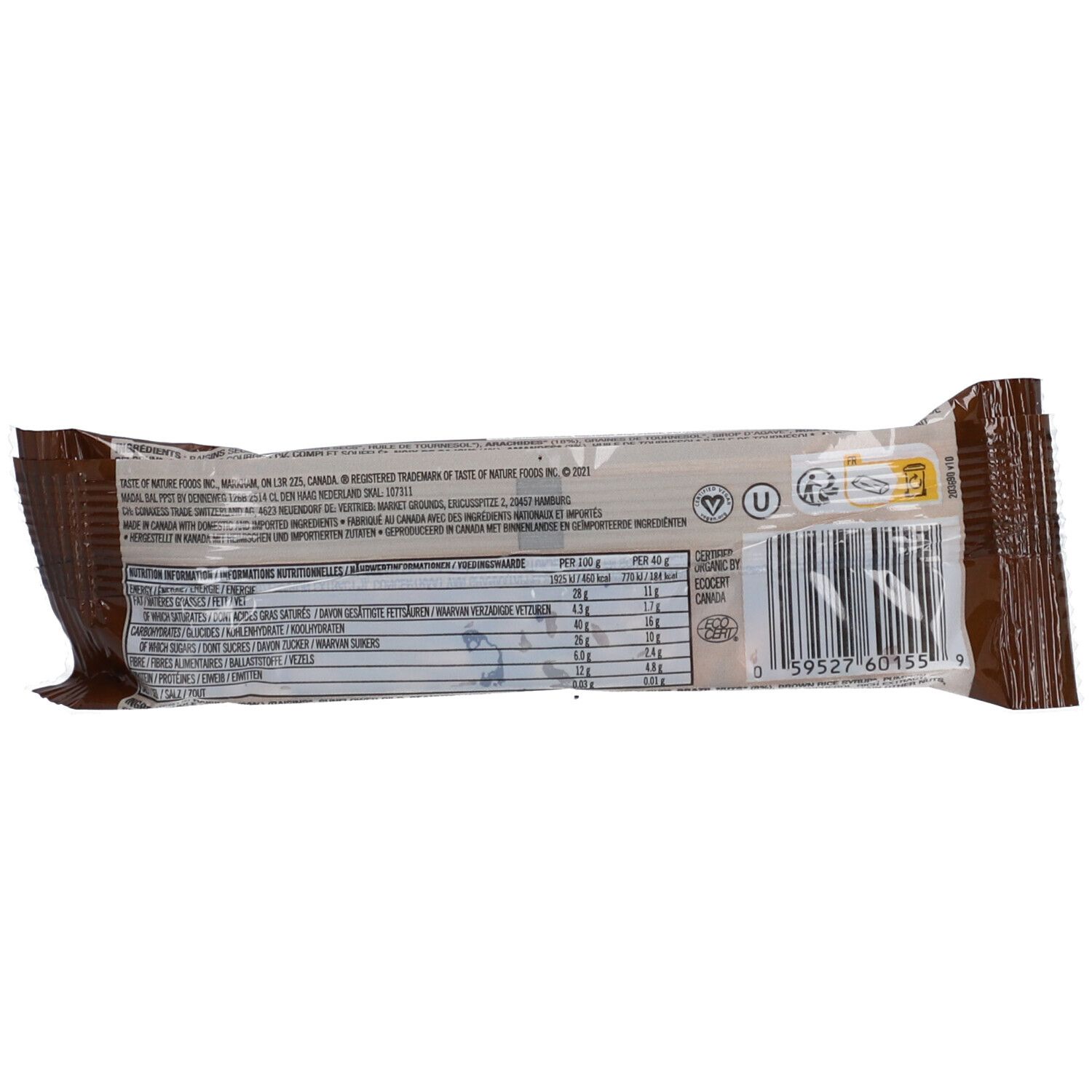 Rückseite der Verpackung mit Nährwertangaben und Barcode. Aufdruck: Taste of Nature. Mit Bio-Siegel und Glutenfrei-Hinweis.