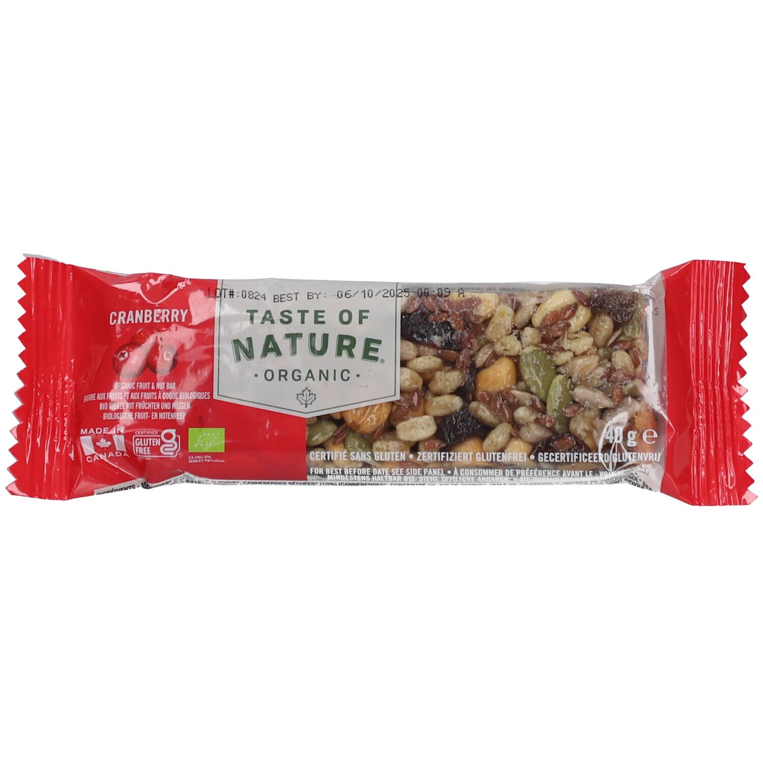 Riegel in roter Verpackung mit Aufschrift 'Taste of Nature'. Cranberry-Müsliriegel. Bio-Zertifizierung.