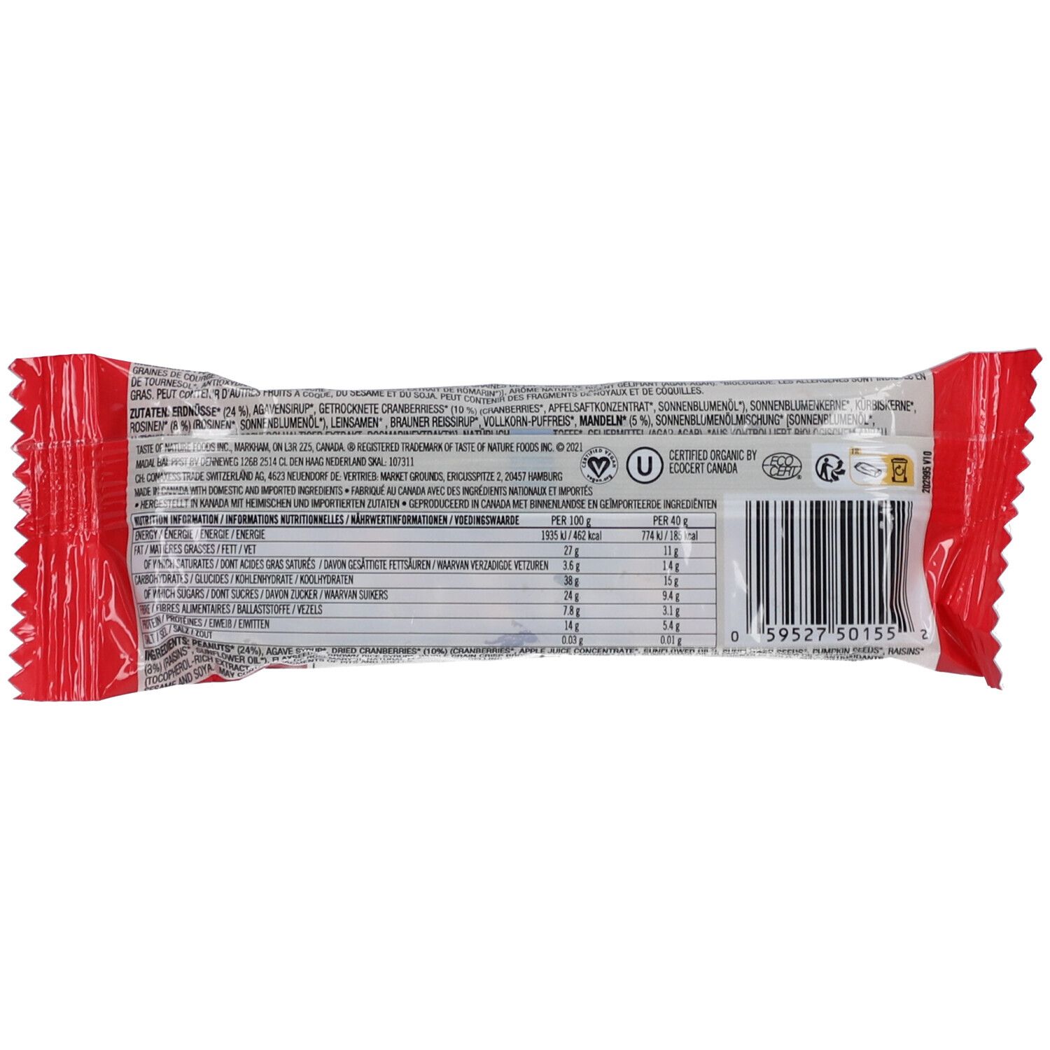 Rückseite des Riegels. Nährwertangaben und Zutatenliste. Barcode und Bio-Zertifizierung.
