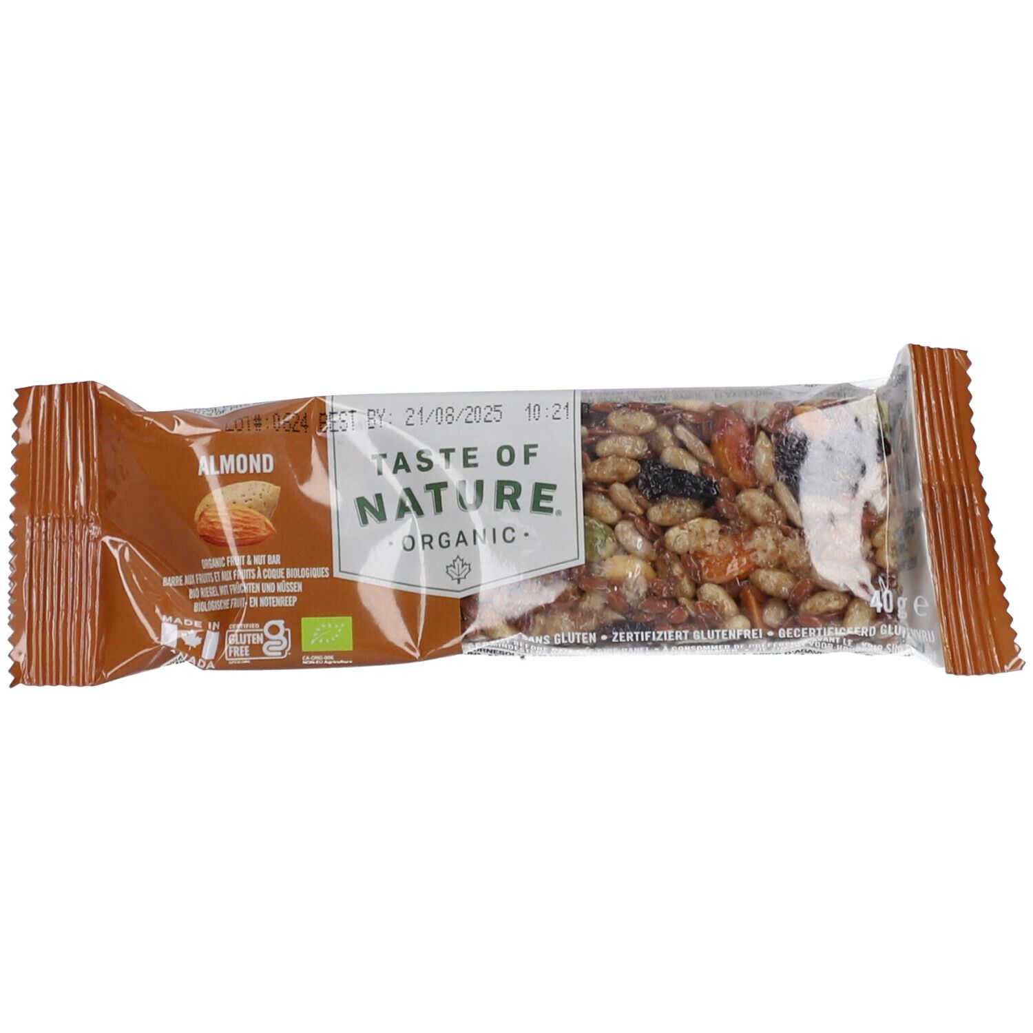 Riegel in Folie. Aufdruck: Taste of Nature Organic, Mandel, Bio-Siegel. Sichtbar: Nüsse, Samen, Trockenfrüchte.