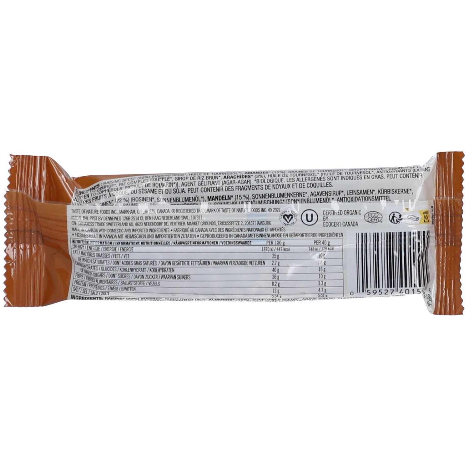 Rückseite des Riegels. Text: Zutaten, Nährwertangaben, Barcode, Bio-Siegel. Verpackung transparent.