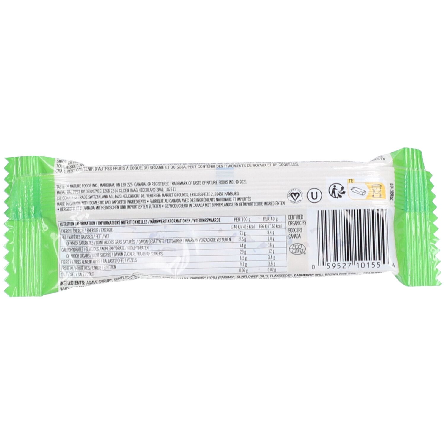 Rückseite der Bio-Müsliriegel-Verpackung. Enthält Nährwertangaben, Zutatenliste und Barcode. Mit Bio-Siegel.