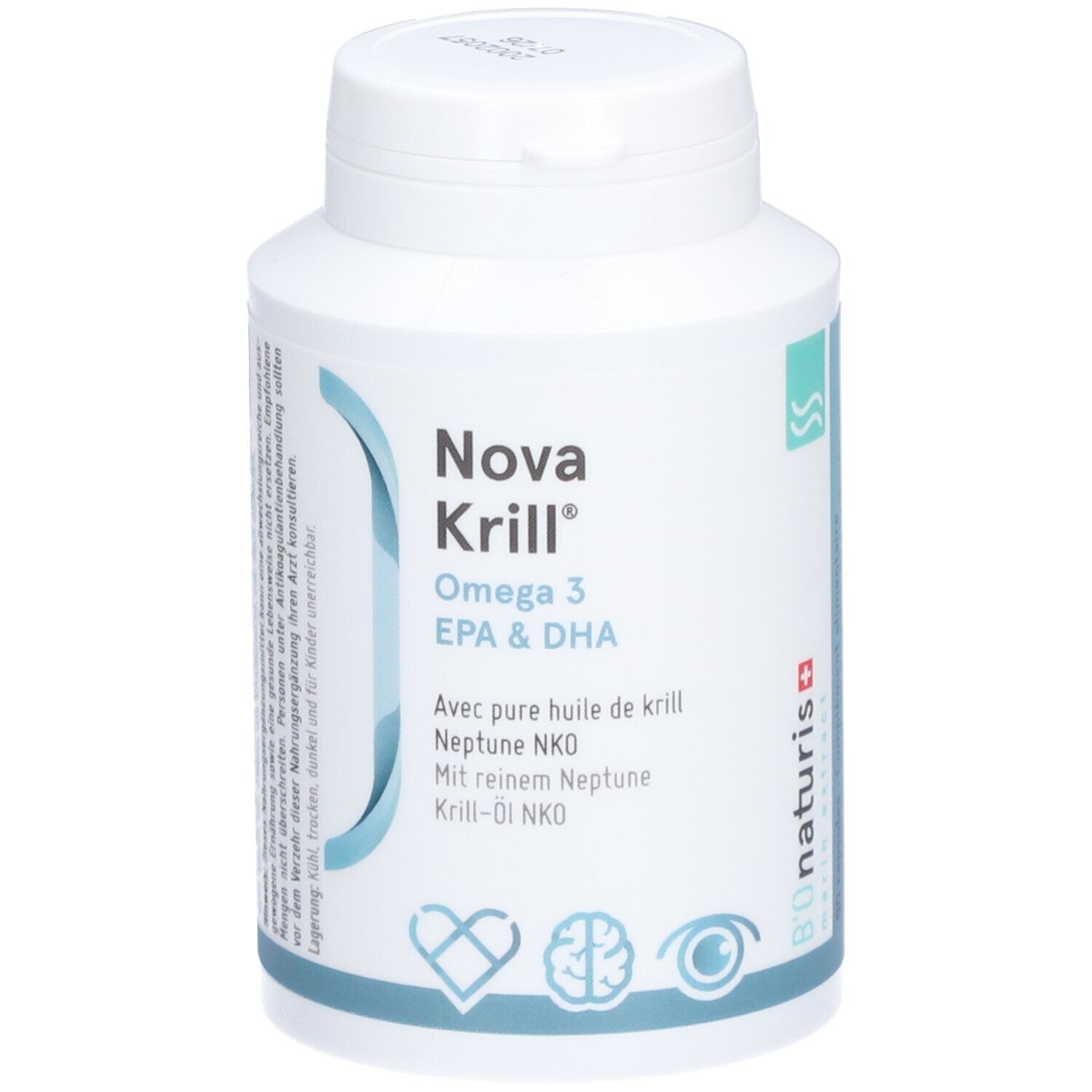 Weiße Flasche mit Kapseln. Aufschrift: Nova Krill Omega 3 EPA & DHA. Logo mit Herz, Gehirn und Auge.