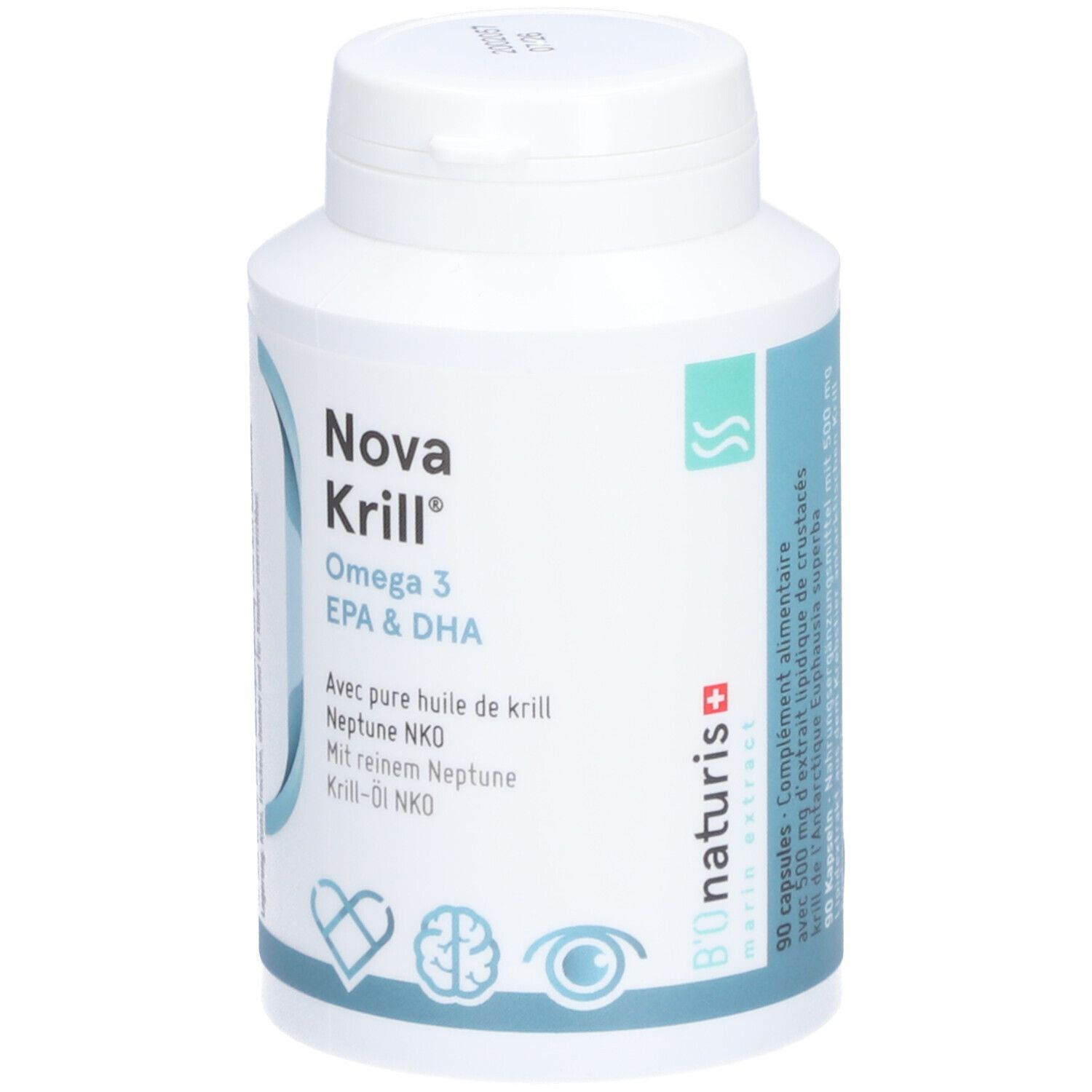 Weiße Flasche mit Kapseln. Aufschrift: Nova Krill Omega 3 EPA & DHA. Logo mit Herz, Gehirn und Auge.
