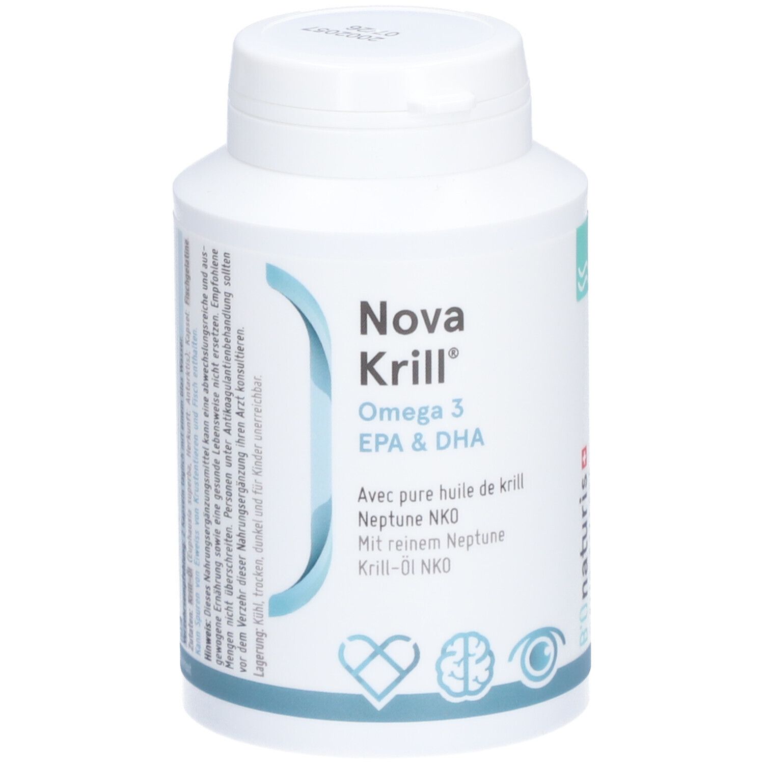 Weiße Flasche mit Kapseln. Aufschrift: Nova Krill Omega 3 EPA & DHA. Logo mit Herz, Gehirn und Auge.