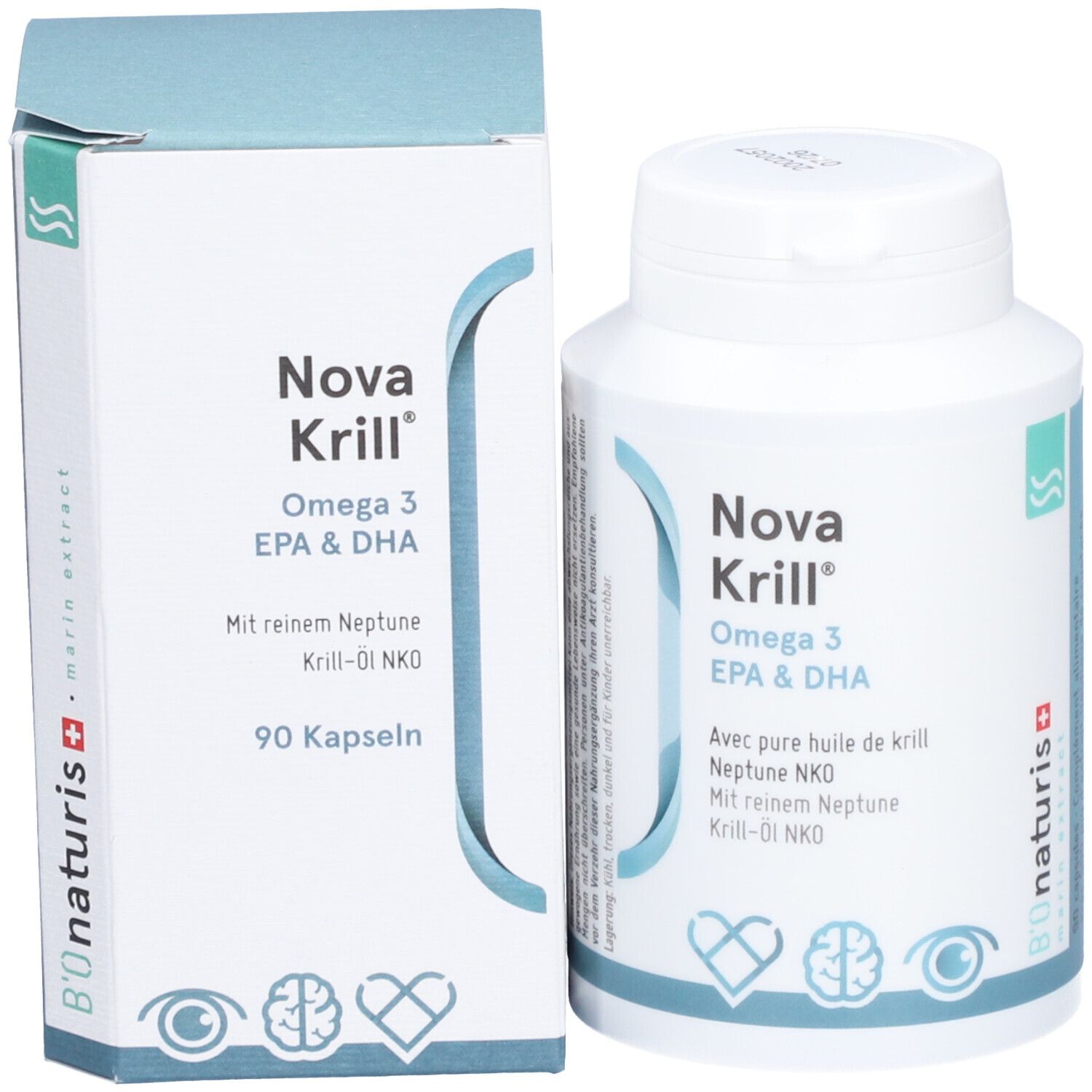 Produktverpackung mit Flasche und Karton. Aufschrift: Nova Krill Omega 3 EPA & DHA. 90 Kapseln.