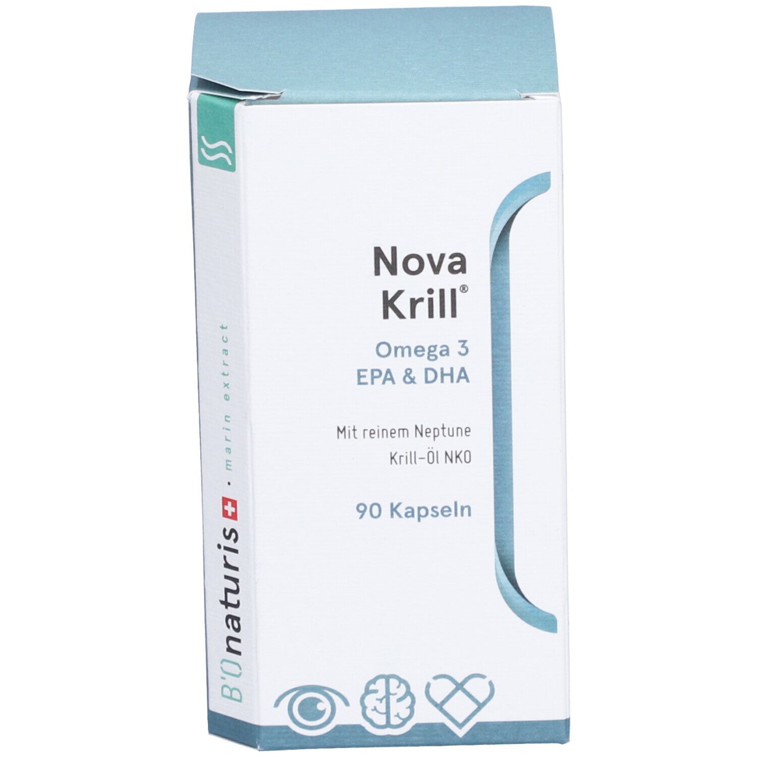 Produktverpackung. Aufschrift: Nova Krill Omega 3 EPA & DHA. 90 Kapseln. Logo mit Herz, Gehirn und Auge.