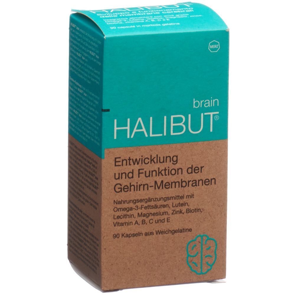 Boîte turquoise et marron avec HALIBUT imprimé. Contient un complément alimentaire. Texte : Développement et fonction des membranes cérébrales.