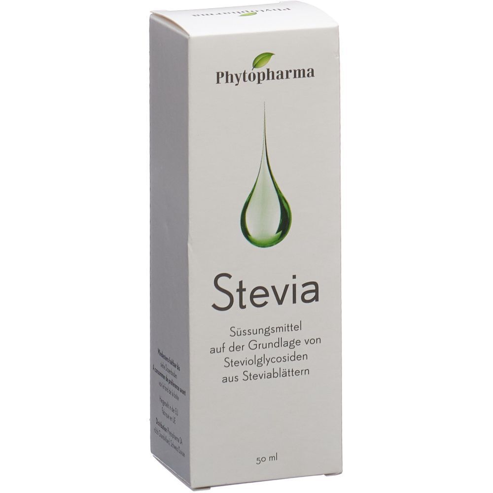 Weiße Verpackung mit Logo und Produktnamen Stevia. Tropfen-Symbol. 50 ml. Phytopharma.
