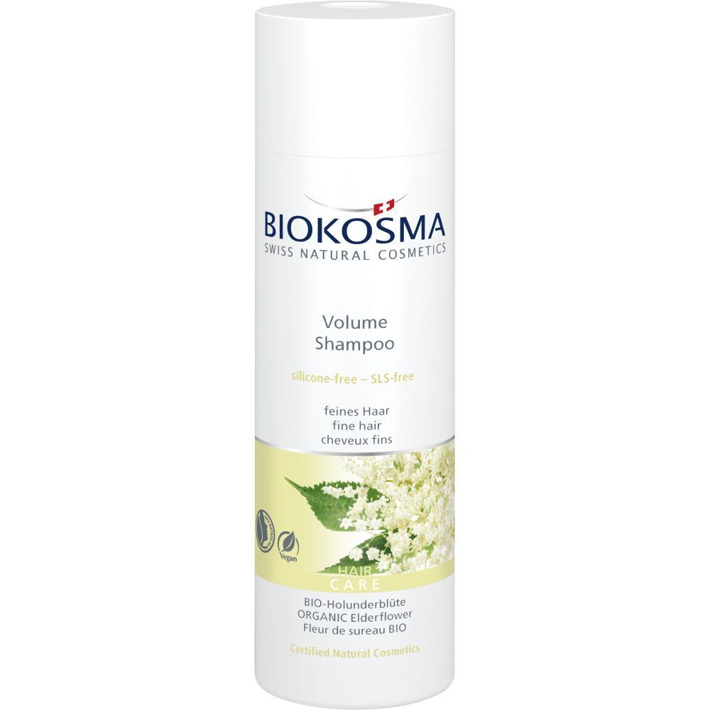 BIOKOSMA Shampoo Volume Holunderblüten. Weiße Flasche mit Produktinformationen und Logo. Aufschrift: Volume Shampoo, feines Haar.