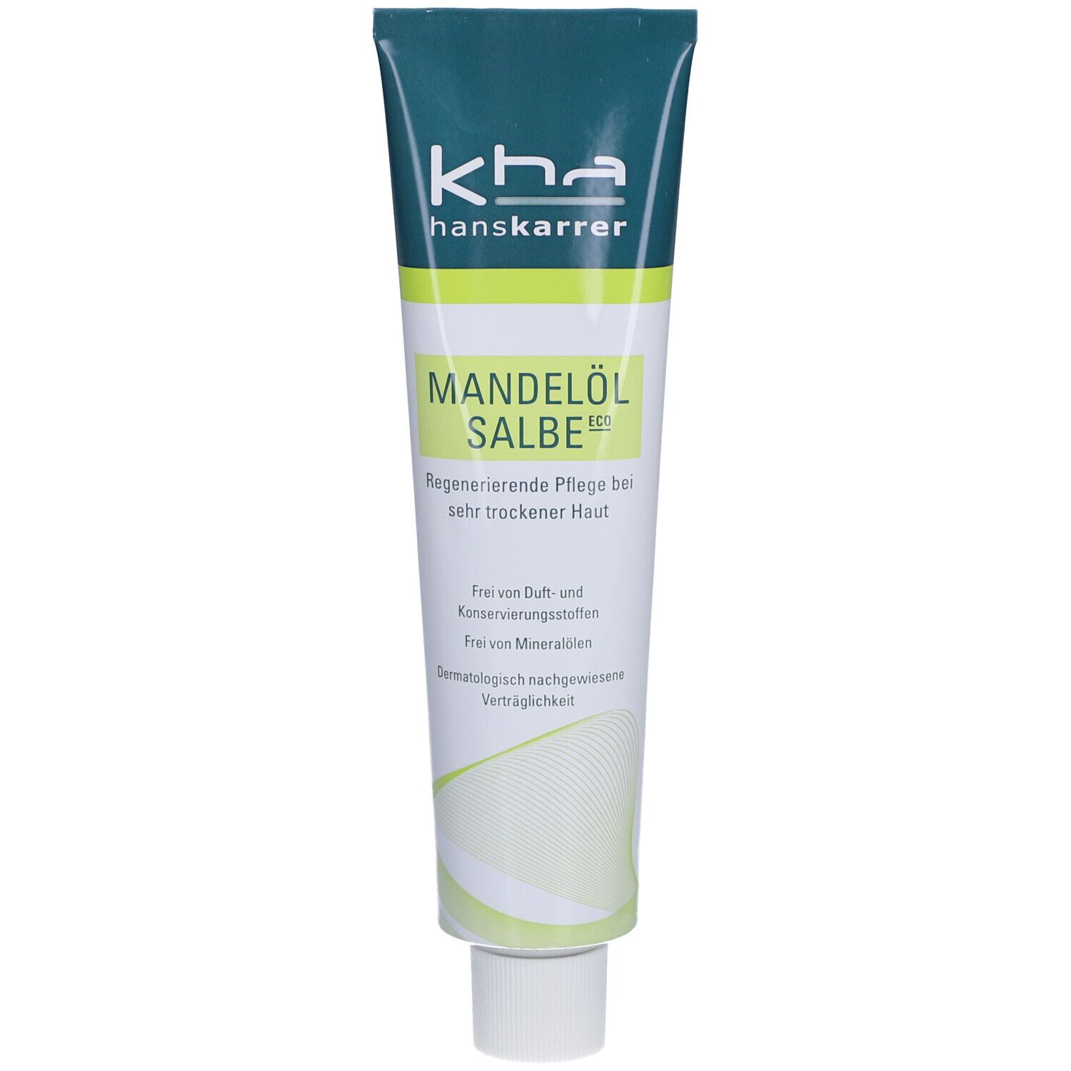 Tube mit Mandelölsalbe. Grün-weißes Design. Aufschrift: Mandelöl Salbe Eco. Frei von Duft- und Konservierungsstoffen.
