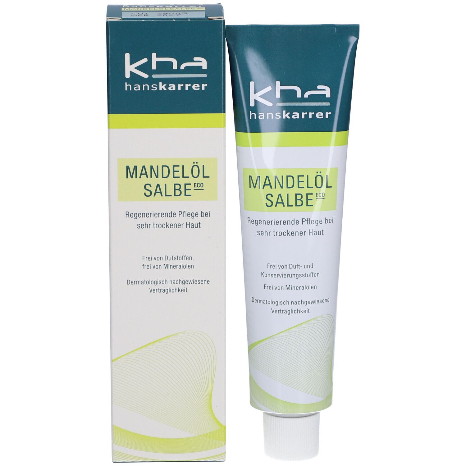 Produktverpackung mit Tube Mandelölsalbe und Karton. Grün-weißes Design. Aufschrift: Mandelöl Salbe Eco.