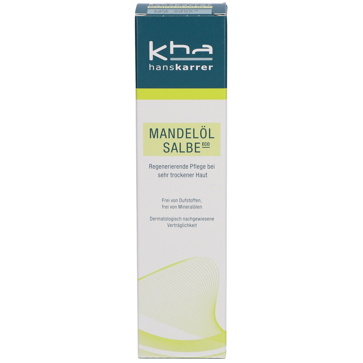 Kartonverpackung mit Mandelölsalbe. Grün-weißes Design. Aufschrift: Mandelöl Salbe Eco. Herstellerlogo.