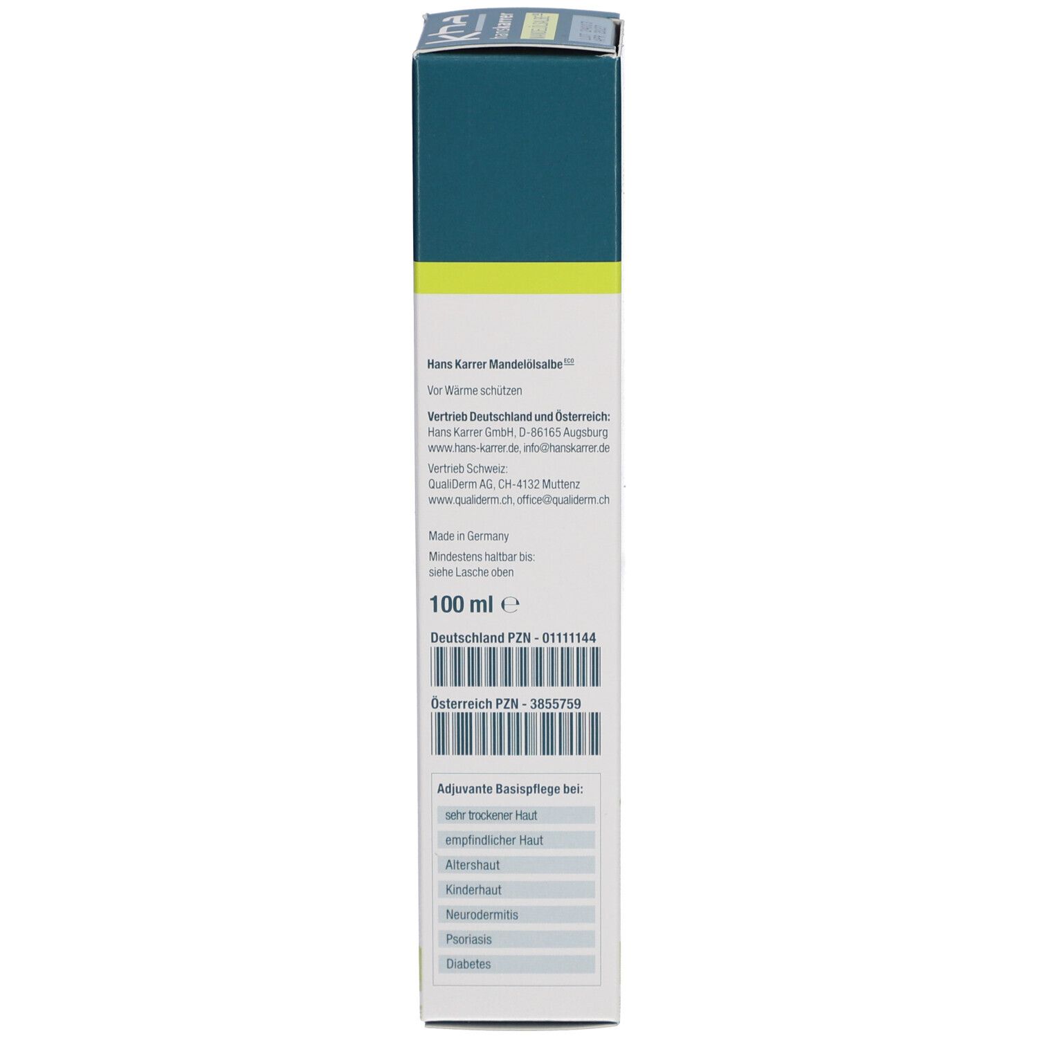 Kartonverpackung mit Mandelölsalbe. Rückseite mit Informationen. Grün-weißes Design. 100 ml.