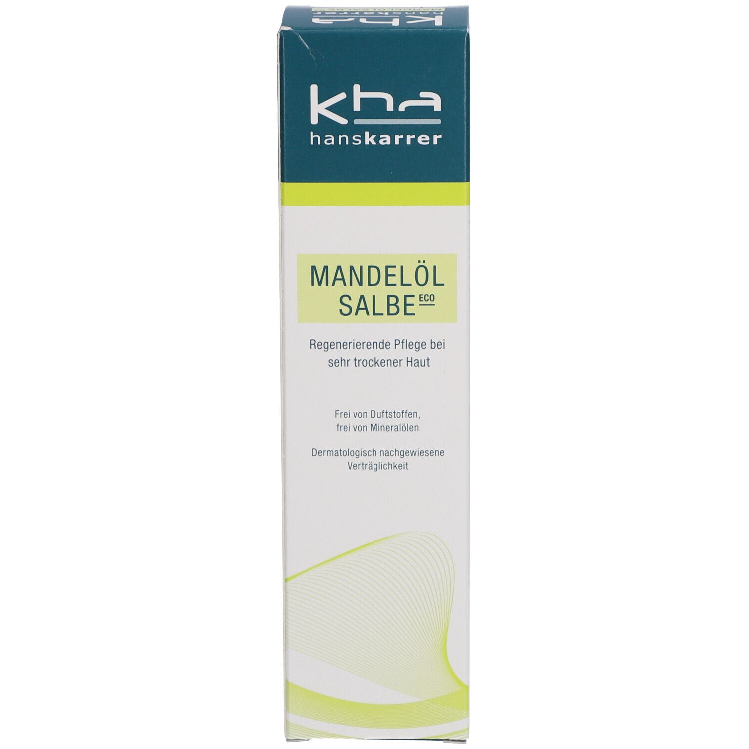 Kartonverpackung mit Mandelölsalbe. Vorderseite mit Produktnamen und Logo. Grün-weißes Design.