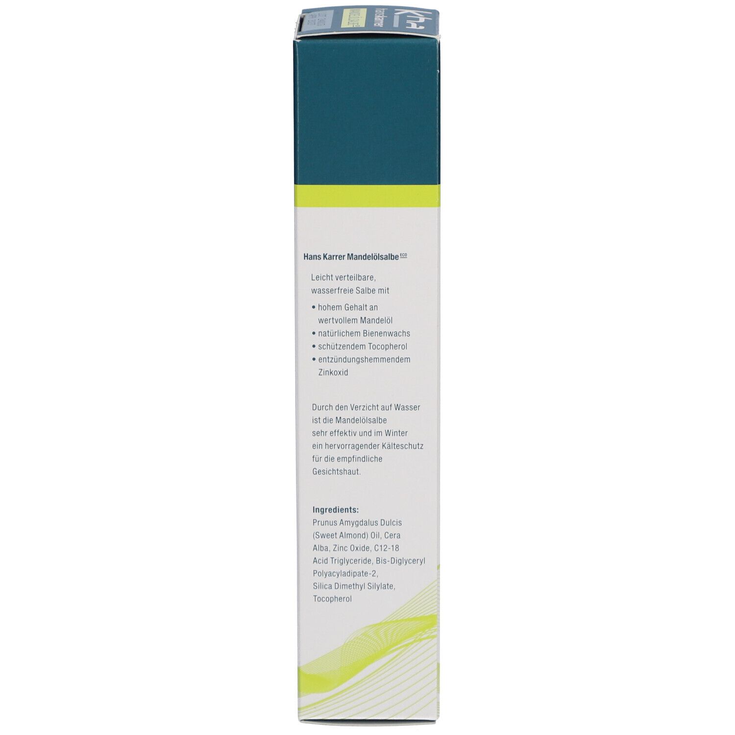 Kartonverpackung mit Mandelölsalbe. Text über Inhaltsstoffe und Eigenschaften. Grün-weißes Design.