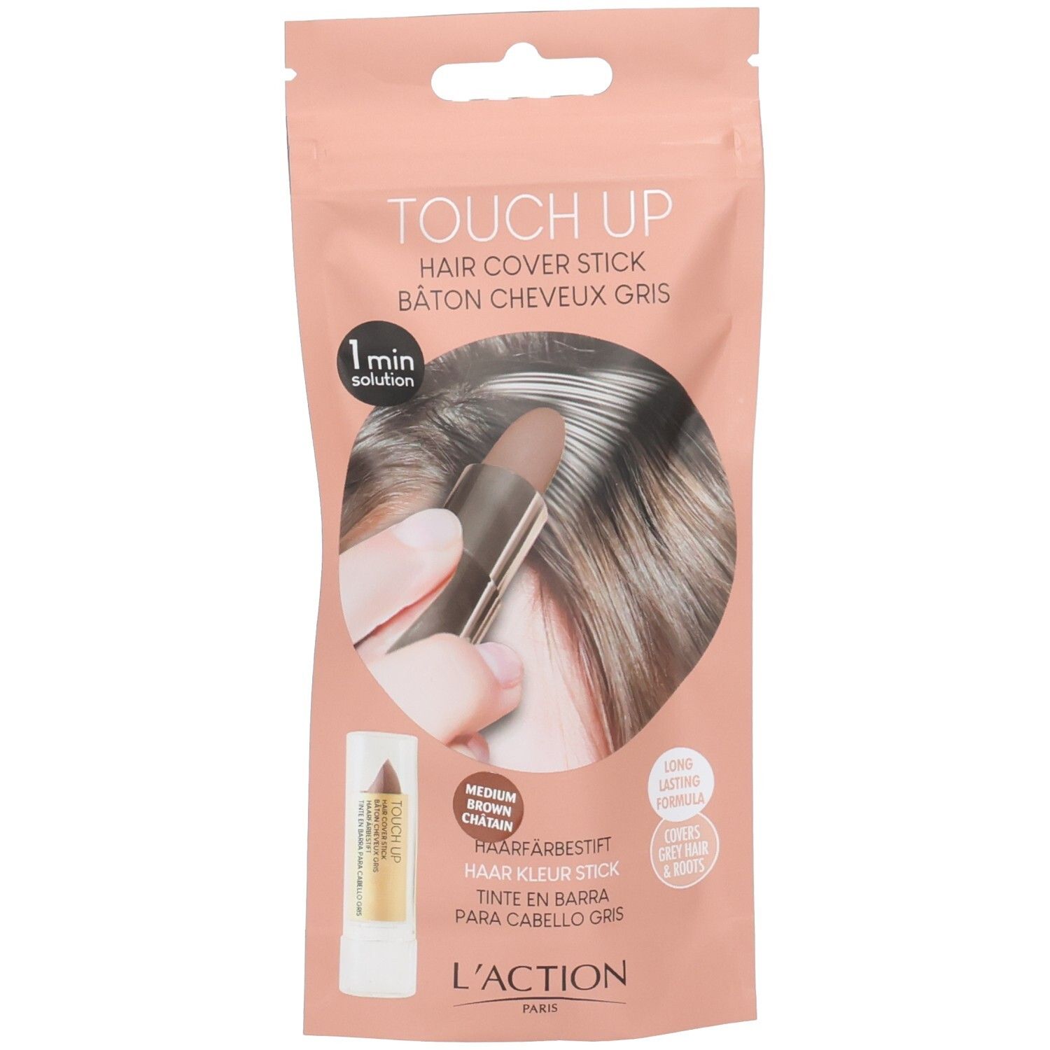 Haarfärbestift in Verpackung. Produktabbildung mit Anwendung. Text: Touch Up, 1 min solution, L'ACTION PARIS.