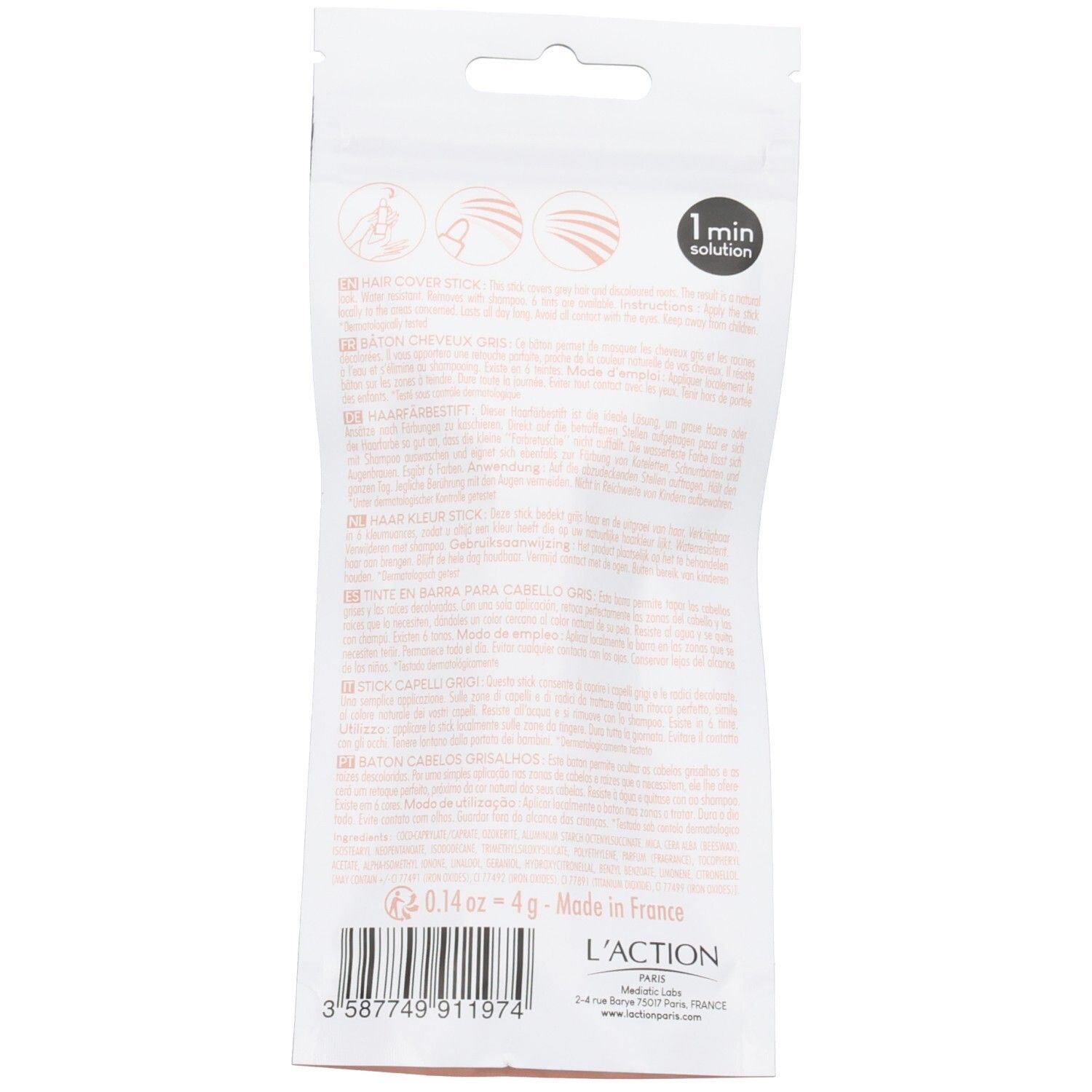 Rückseite der Verpackung. Text: Hair Cover Stick, 1 min solution, L'ACTION PARIS. Gewicht: 0.14 oz = 4g.