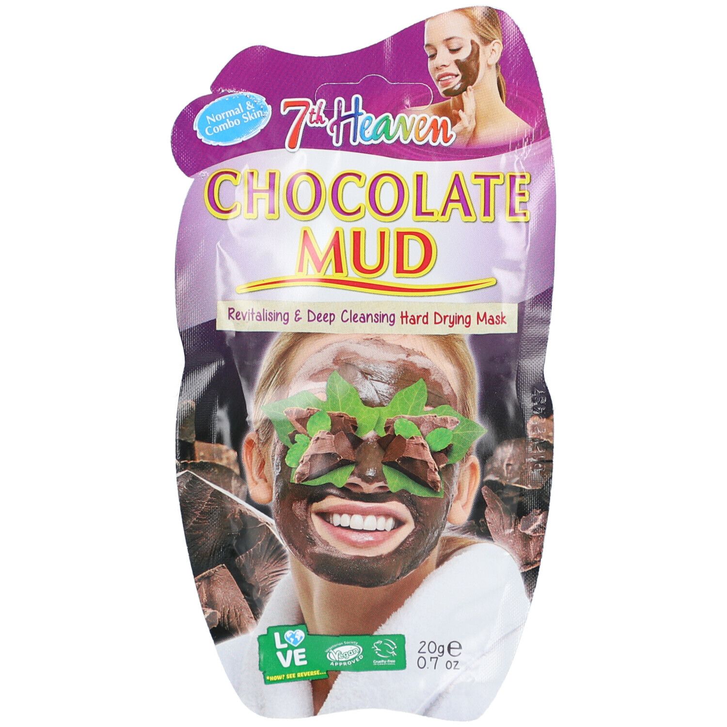 Verpakking gezichtsmasker. Paars-wit ontwerp met afbeeldingen en tekst. Bevat 20g.