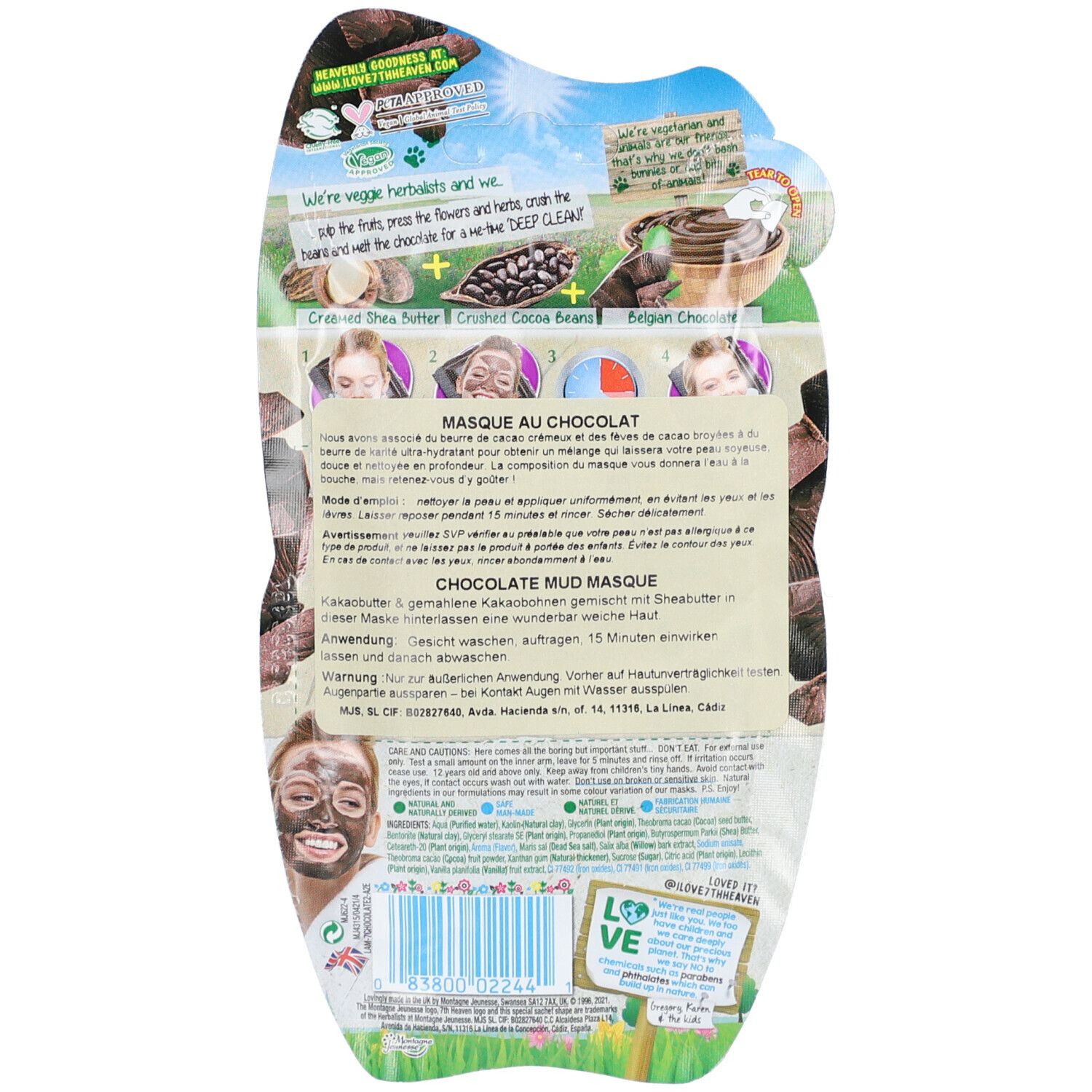 Achterkant van de gezichtsmaskerverpakking. Bevat tekst, instructies en productillustraties.