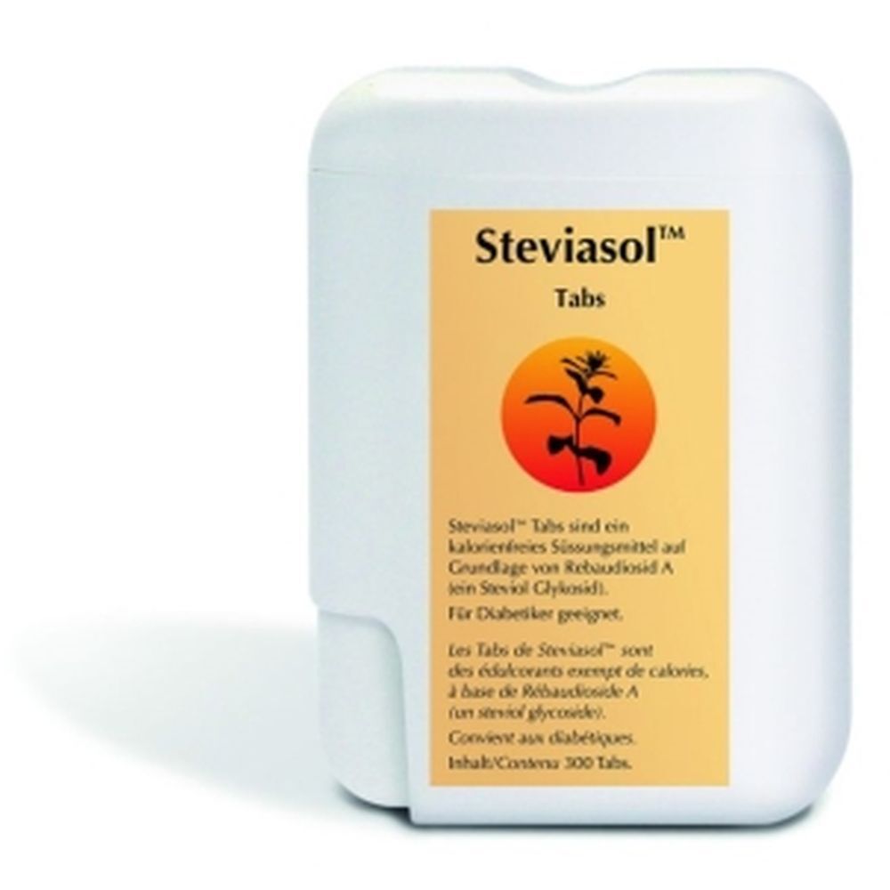 Weiße Steviasol Tabs-Packung mit gelbem Etikett. Text: Steviasol Tabs, Logo, Inhaltsstoffe, 300 Tabs.
