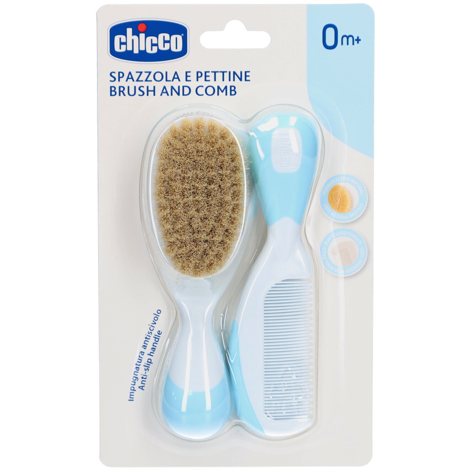 Ensemble brosse et peigne bleu et blanc pour bébés. Soies douces, manche ergonomique. Emballage avec nom du produit.