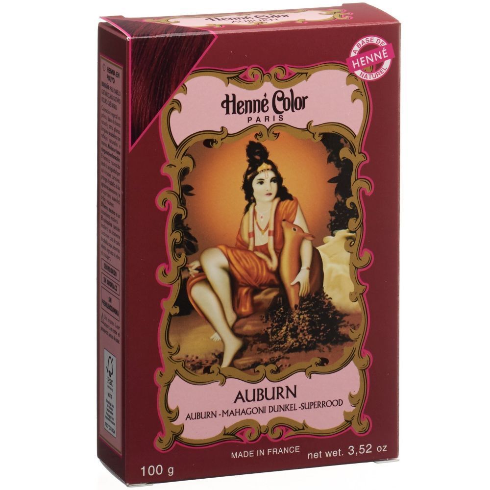 Henné Color Auburn-Verpackung. Rote Box mit Abbildung einer Frau. Text: Auburn, Mahagoni Dunkel, Superrood.