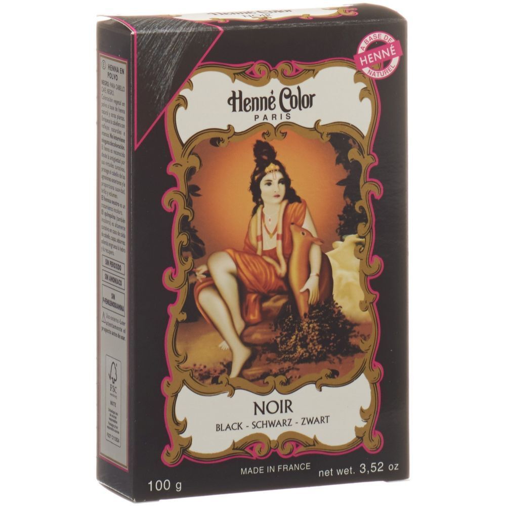 Schwarze Henna Color Box. Enthält eine Illustration einer Frau. Text: Noir, Black-Schwarz-Zwart, 100 g, 3.52 oz. Hergestellt in Frankreich.
