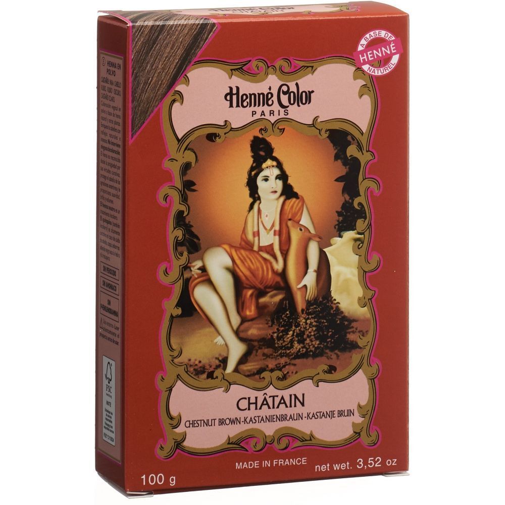 Boîte Henne Color Kastanienbraun. Emballage rouge avec illustration féminine. Texte: Châtain, 100g, Made in France.