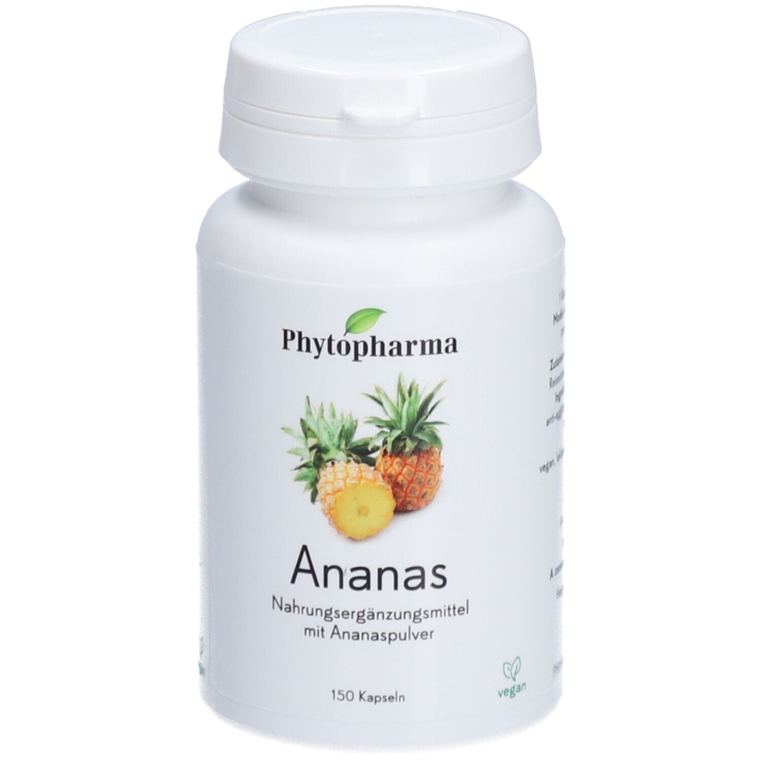 Flacon blanc de capsules. Inscription: Phytopharma, Ananas, 150 capsules, vegan. Illustration d'ananas.