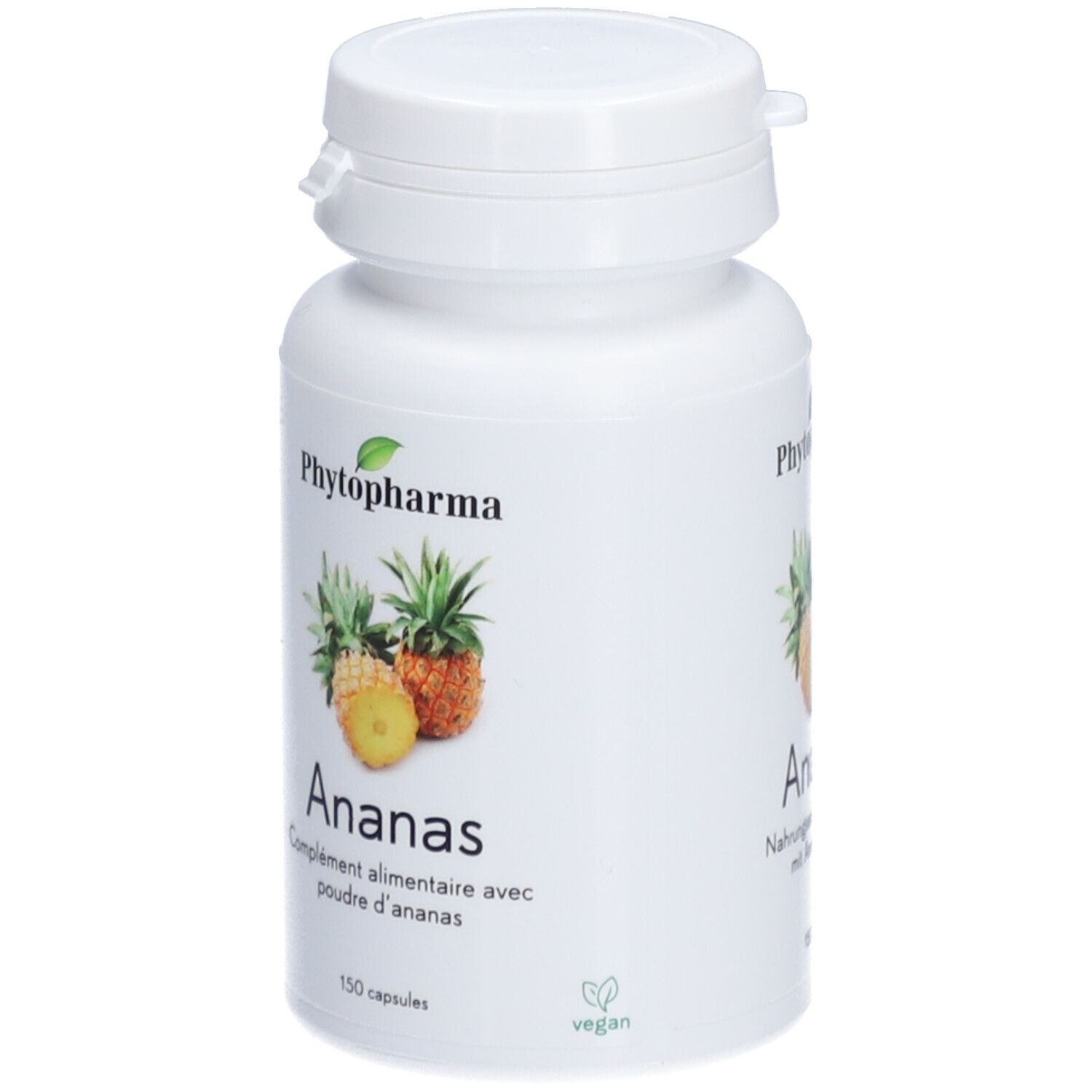Flacon blanc de capsules. Inscription: Phytopharma, Ananas, 150 capsules, vegan. Illustration d'ananas.