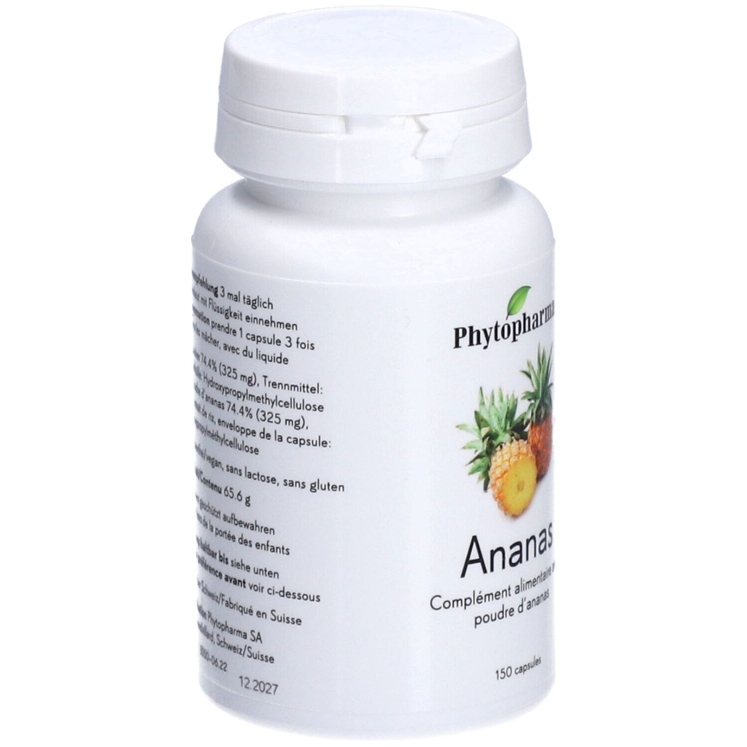 Flacon blanc de capsules. Inscription: Phytopharma, Ananas, 150 capsules, vegan. Texte et ingrédients.