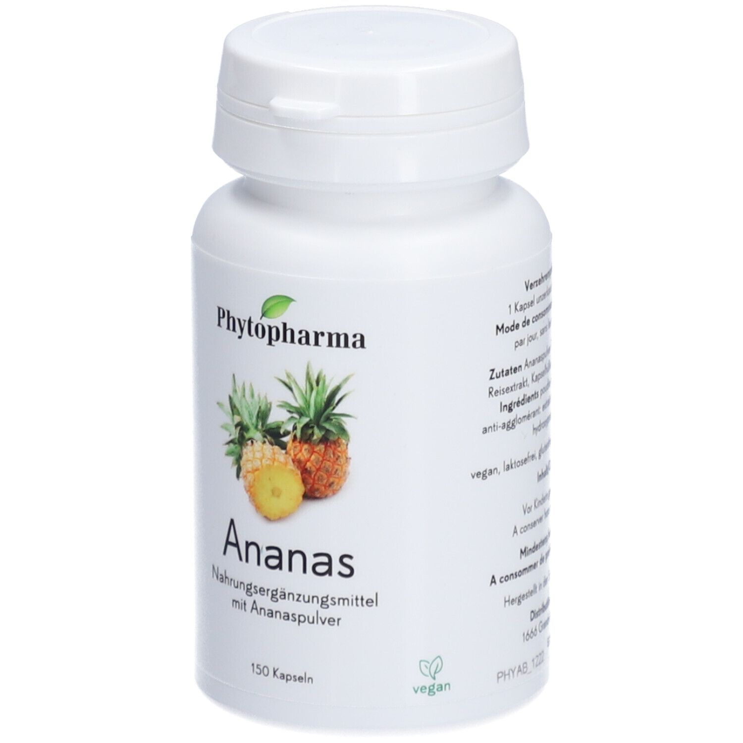 Flacon blanc de capsules. Inscription: Phytopharma, Ananas, 150 capsules, vegan. Texte et ingrédients.