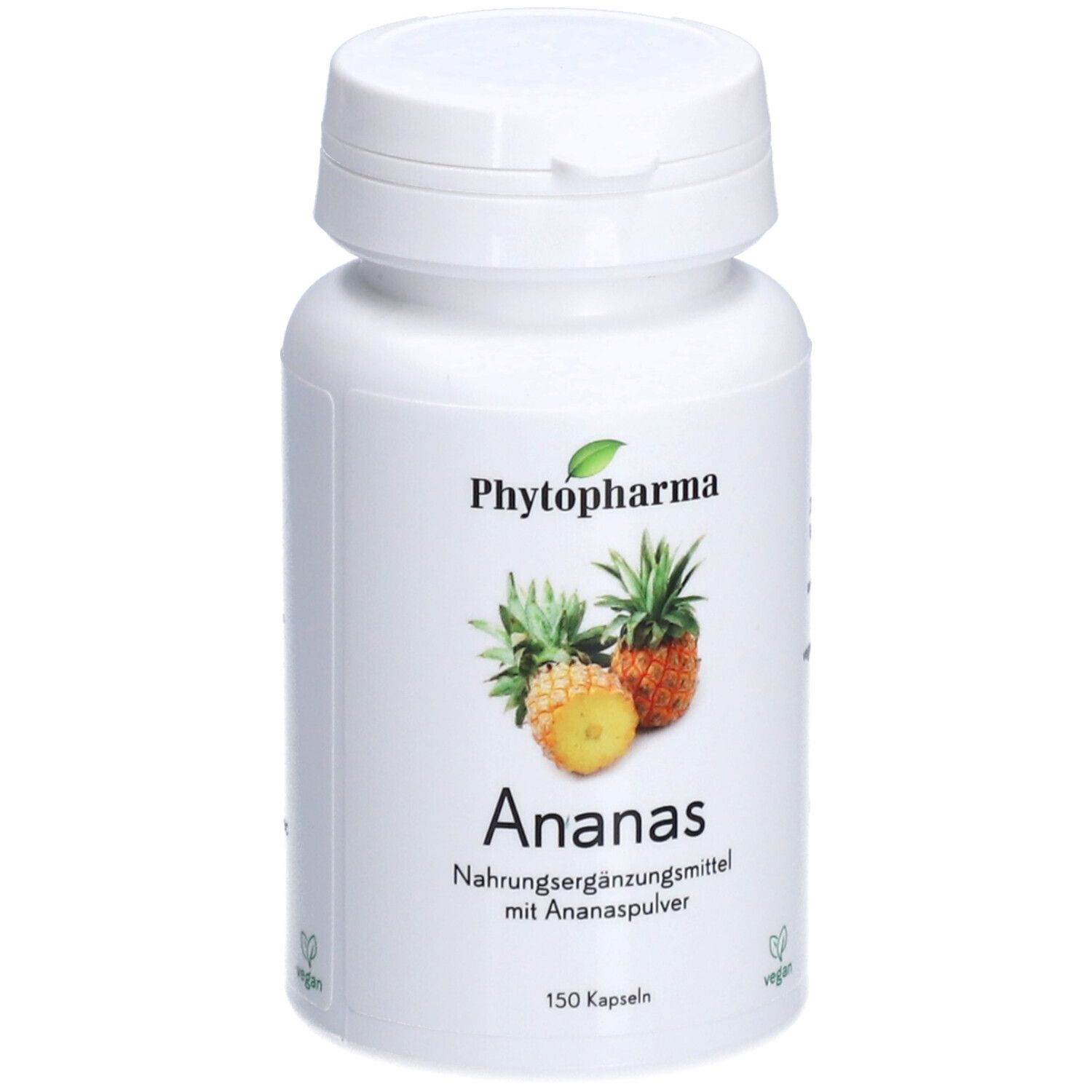 Flacon blanc de capsules. Inscription: Phytopharma, Ananas, 150 capsules, vegan. Illustration d'ananas.
