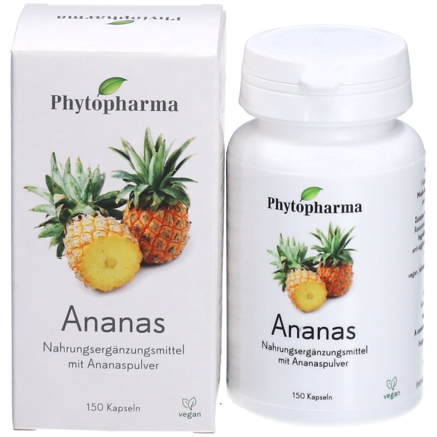 Emballage du produit avec flacon et boîte. Inscription: Phytopharma, Ananas, 150 capsules, vegan. Illustration d'ananas.