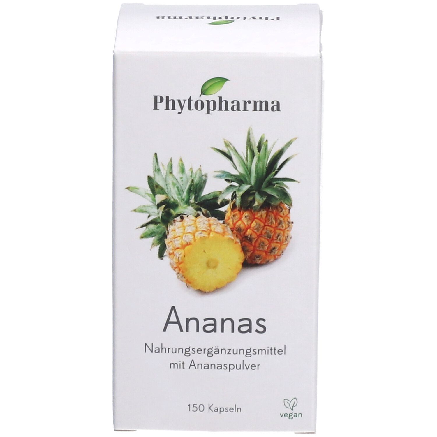 Emballage du produit. Inscription: Phytopharma, Ananas, 150 capsules, vegan. Illustration d'ananas.
