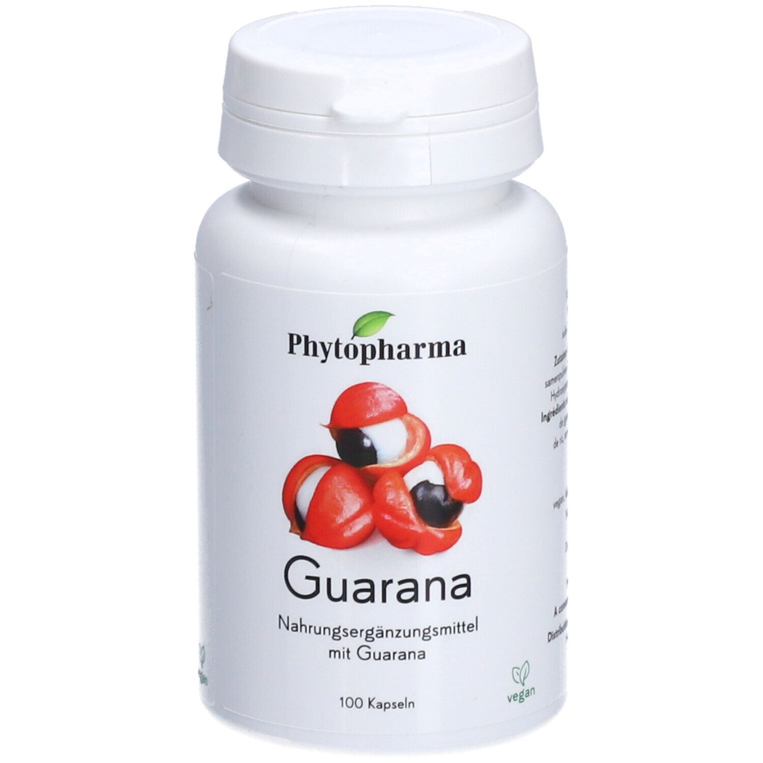 Weiße Flasche mit Kapseln. Aufschrift: Phytopharma, Guarana. Abbildung von Guarana-Früchten. Vegan-Siegel.