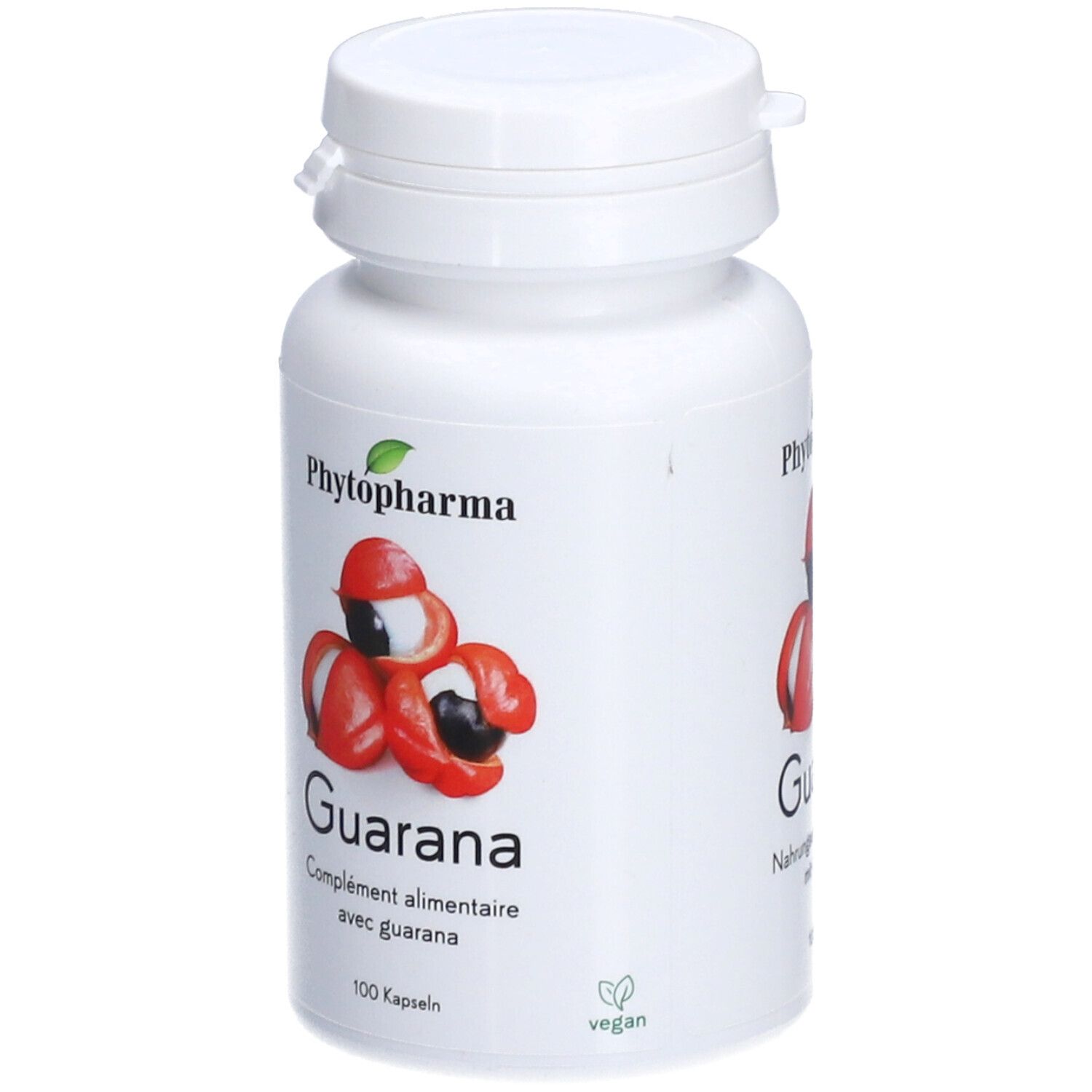 Weiße Flasche mit Kapseln. Aufschrift: Phytopharma, Guarana. Abbildung von Guarana-Früchten. Vegan-Siegel.
