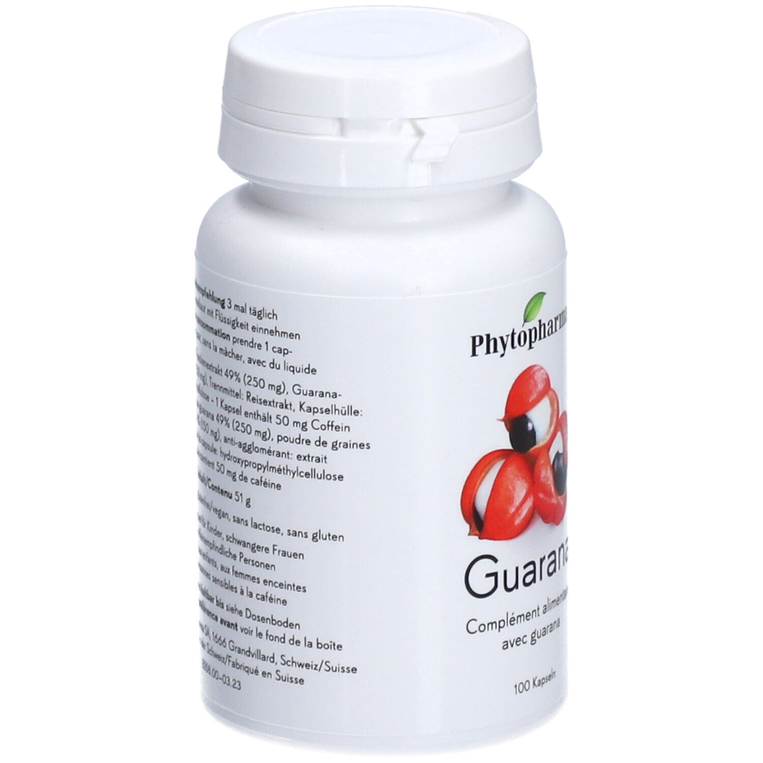 Weiße Flasche mit Kapseln. Aufschrift: Phytopharma, Guarana. Abbildung von Guarana-Früchten. Vegan-Siegel.