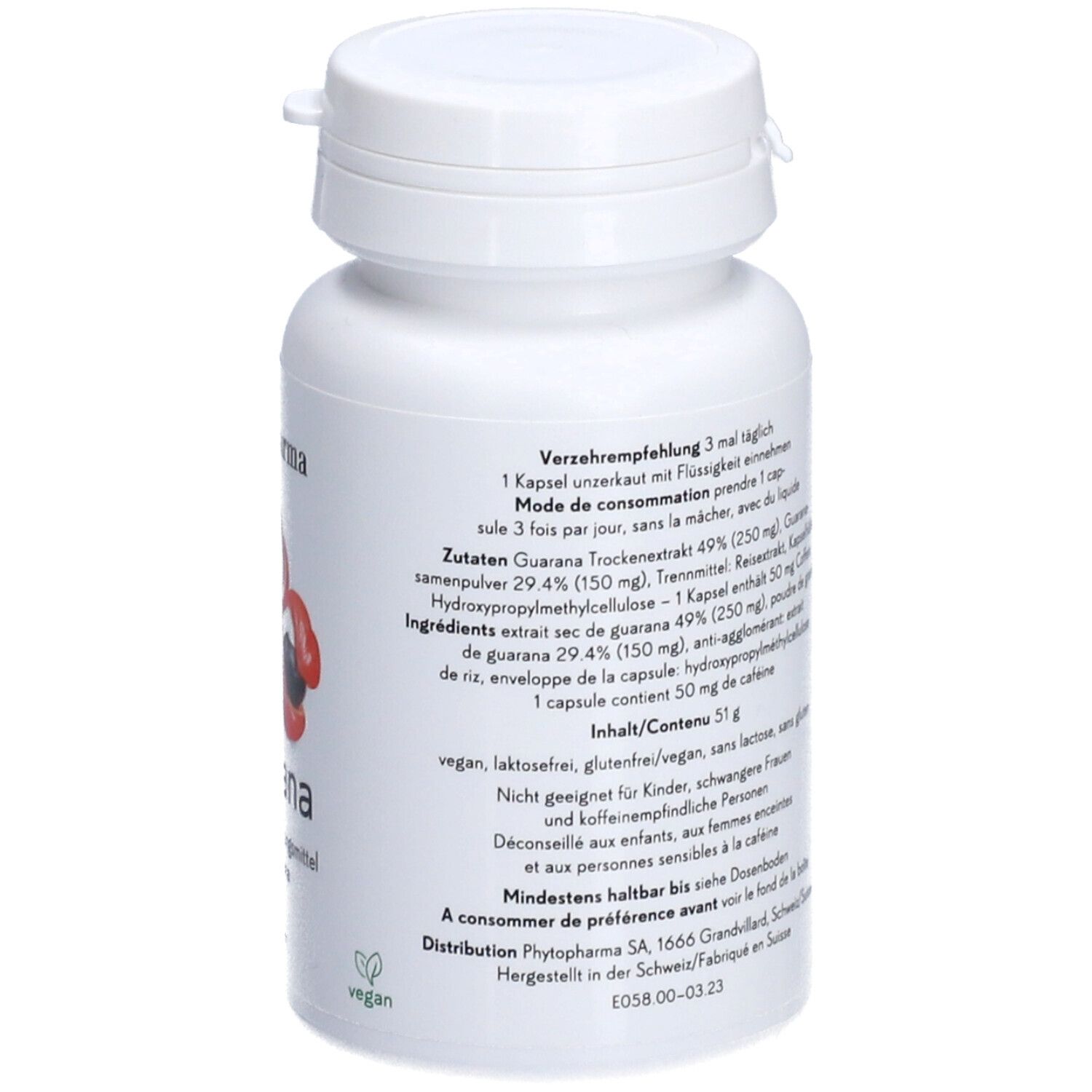 Weiße Flasche mit Kapseln. Aufschrift: Phytopharma, Guarana. Abbildung von Guarana-Früchten. Vegan-Siegel.
