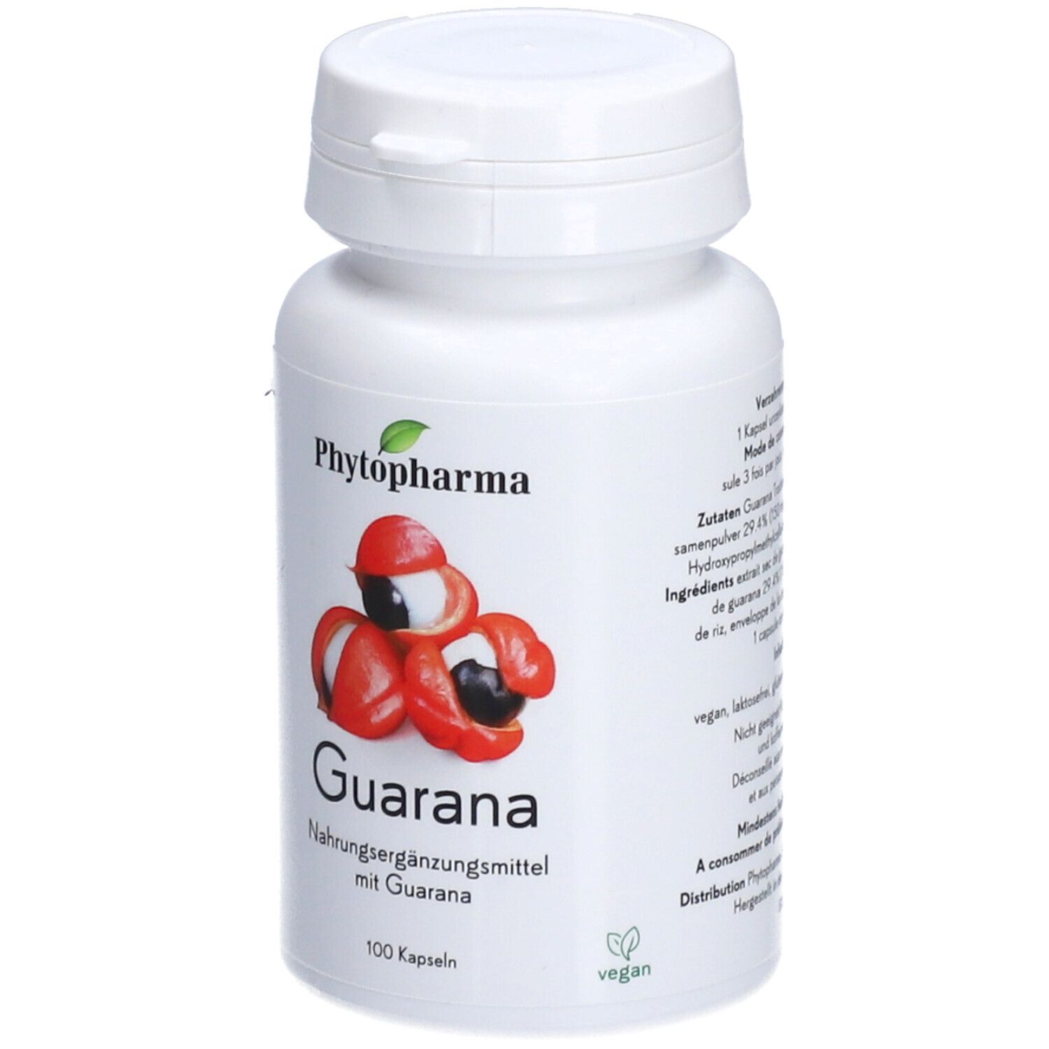 Weiße Flasche mit Kapseln. Aufschrift: Phytopharma, Guarana. Abbildung von Guarana-Früchten. Vegan-Siegel.