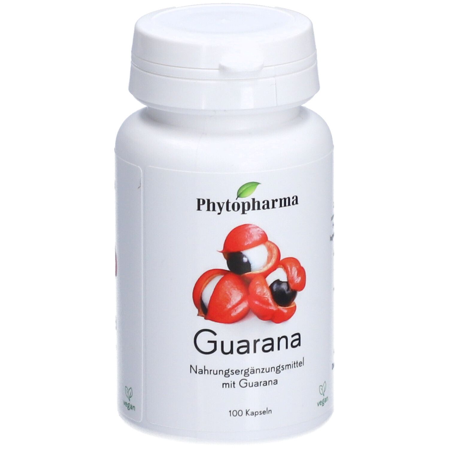 Weiße Flasche mit Kapseln. Aufschrift: Phytopharma, Guarana. Abbildung von Guarana-Früchten. Vegan-Siegel.