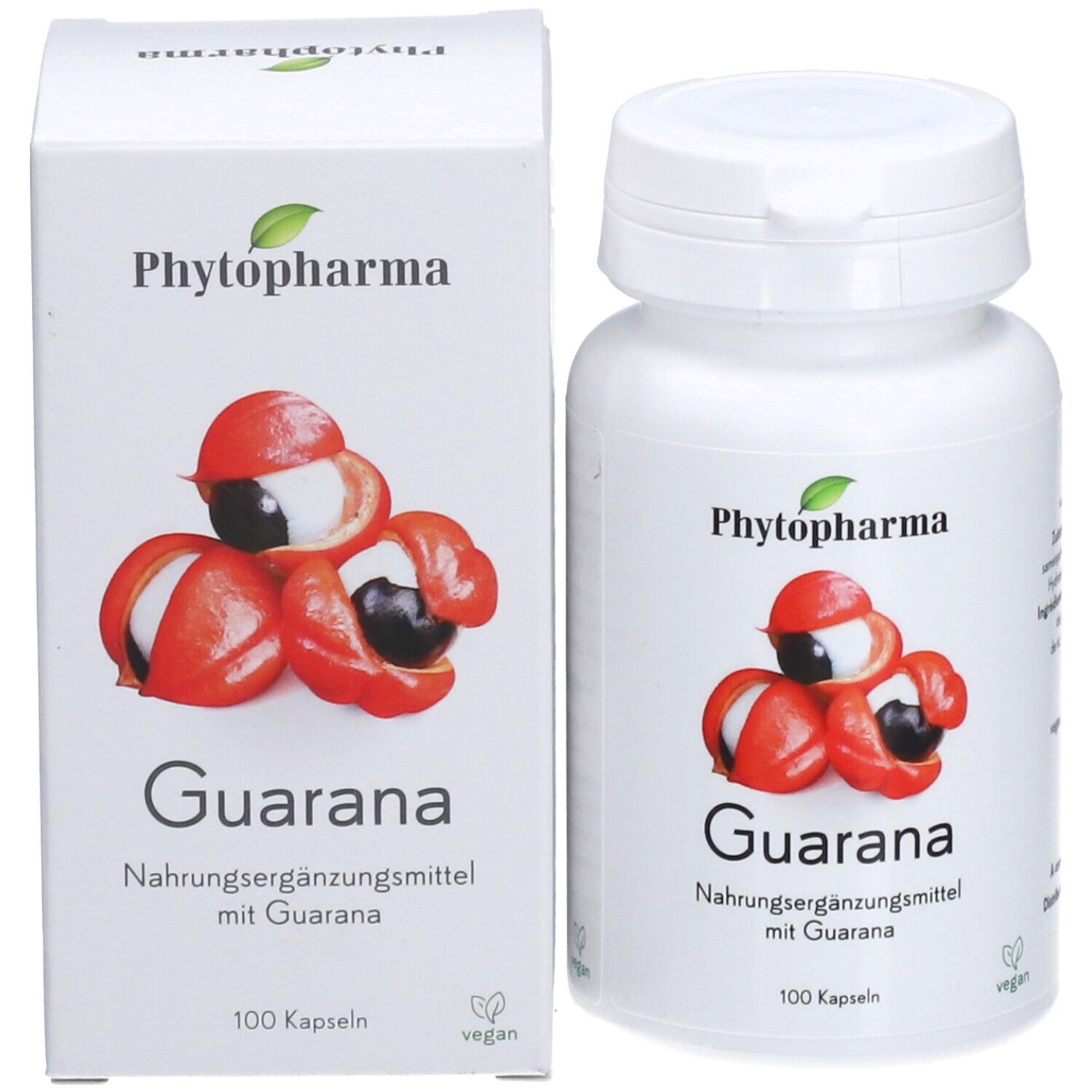 Produktverpackung: Flasche und Schachtel. Aufschrift: Phytopharma, Guarana. Abbildung von Guarana-Früchten. Vegan-Siegel.