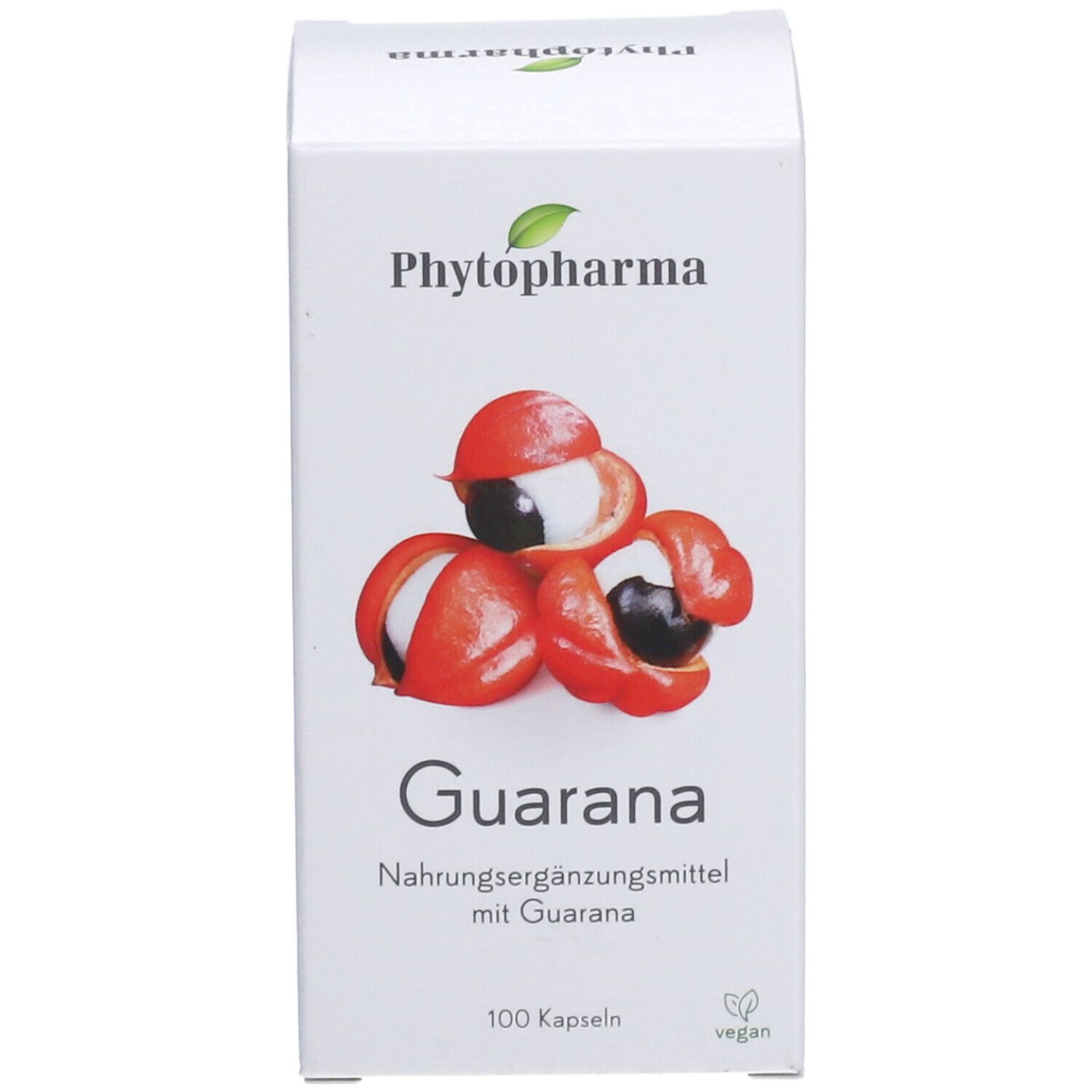 Produktverpackung: Schachtel. Aufschrift: Phytopharma, Guarana. Abbildung von Guarana-Früchten. Vegan-Siegel.