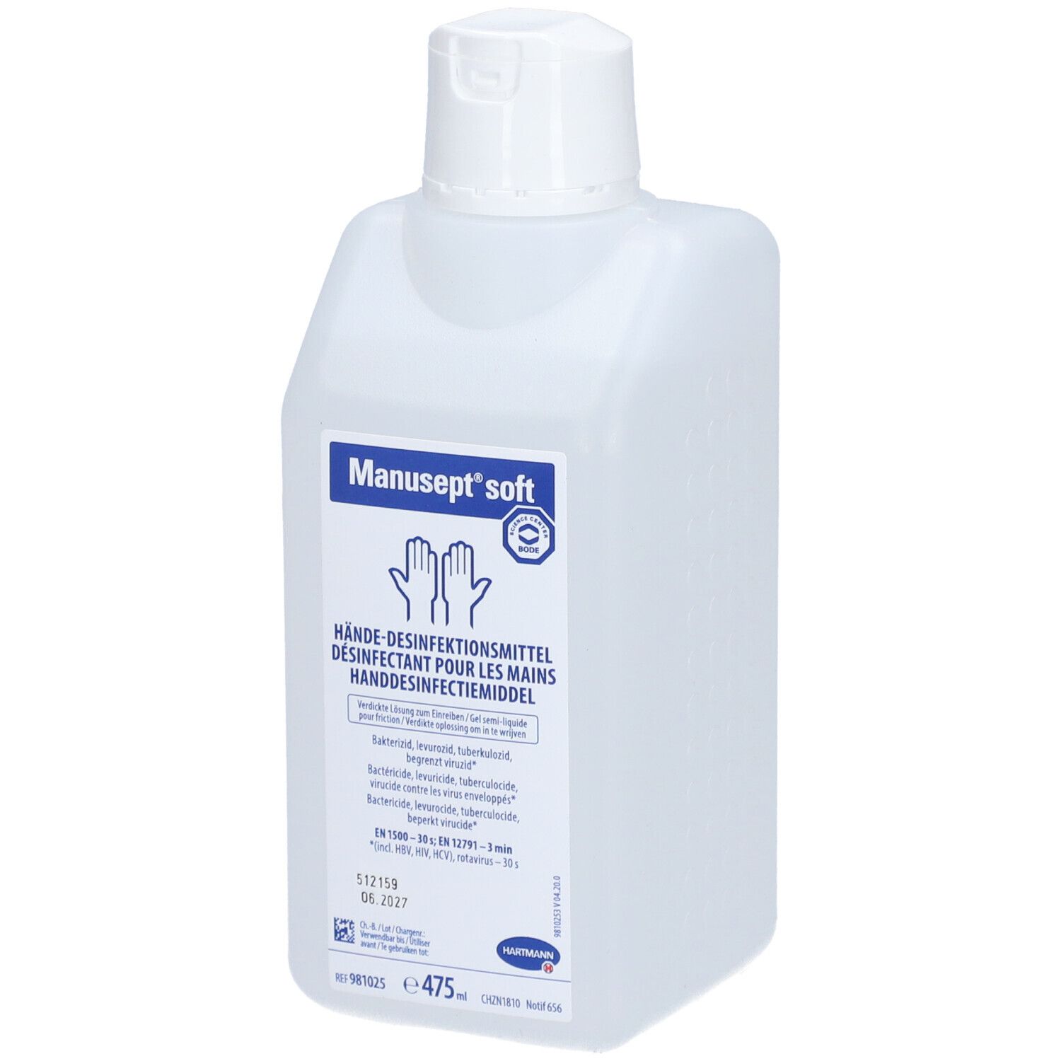 Flacon de désinfectant pour les mains. Inscription: Manusept soft. Contient des informations sur l'utilisation et les ingrédients.